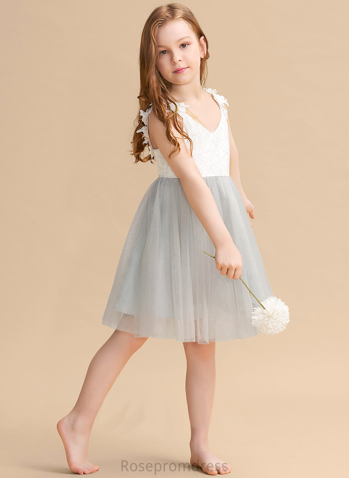 Tulle/Lace Sleeveless V-neck Flower Girl Knee-length Yasmin Dress A-Line Flower Girl Dresses