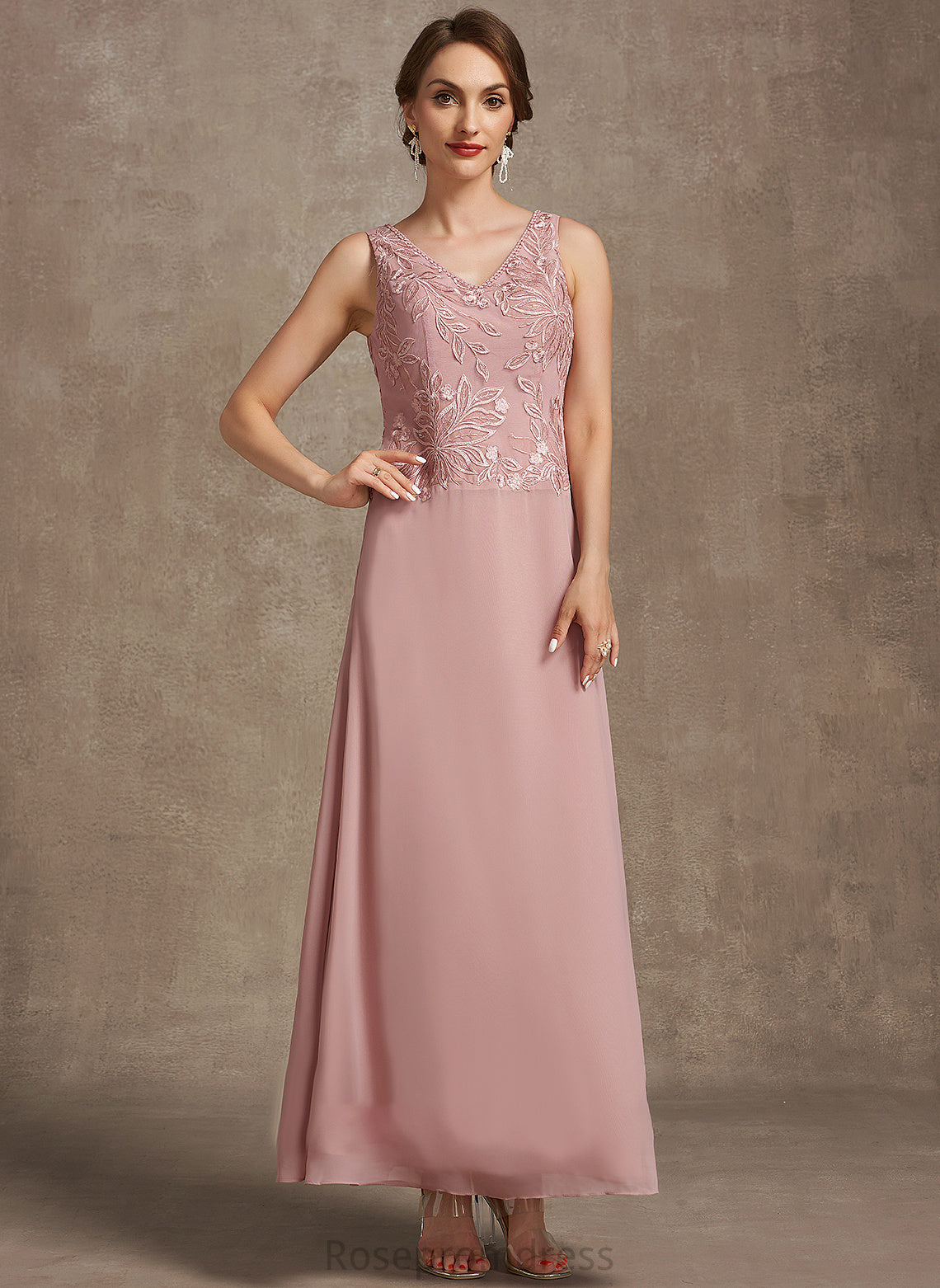 Beading the A-Line Mother of the Bride Dresses Chloe V-neck Ankle-Length of Lace With Mother Sequins Dress Bride Chiffon