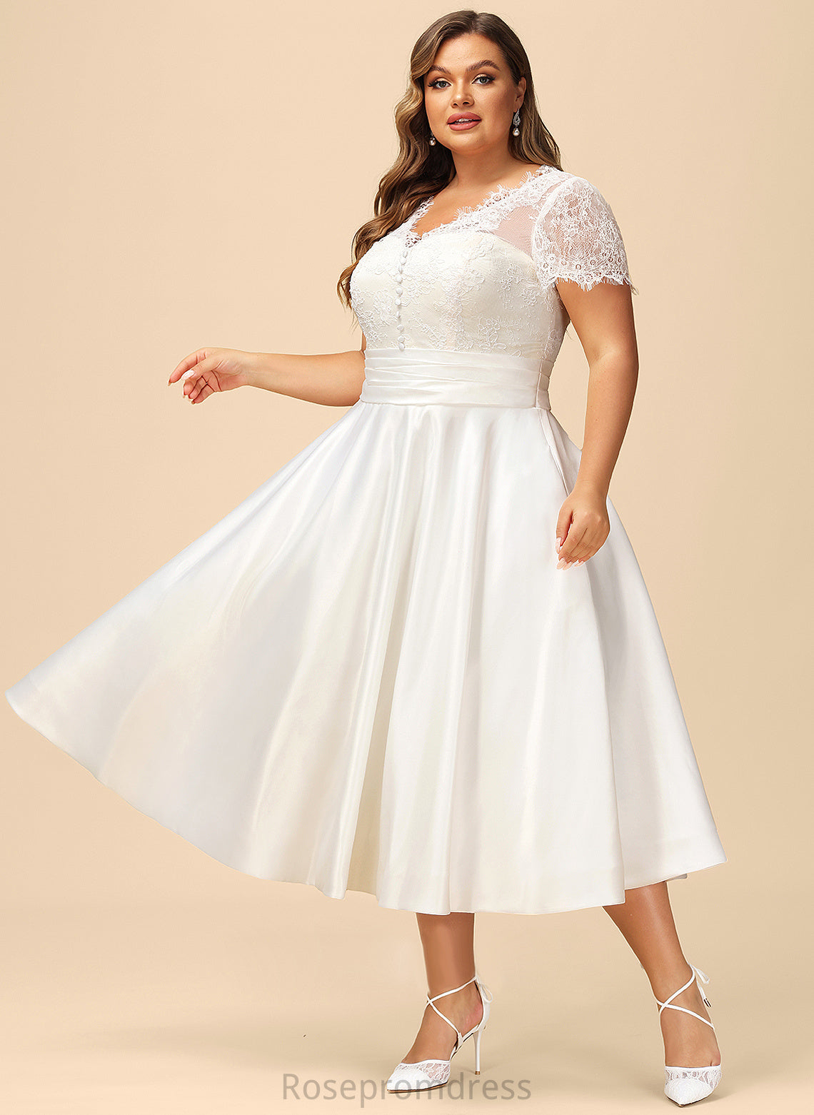 A-Line Lace Satin Ruffle Dress Tea-Length Wedding With Evangeline Wedding Dresses Pockets V-neck