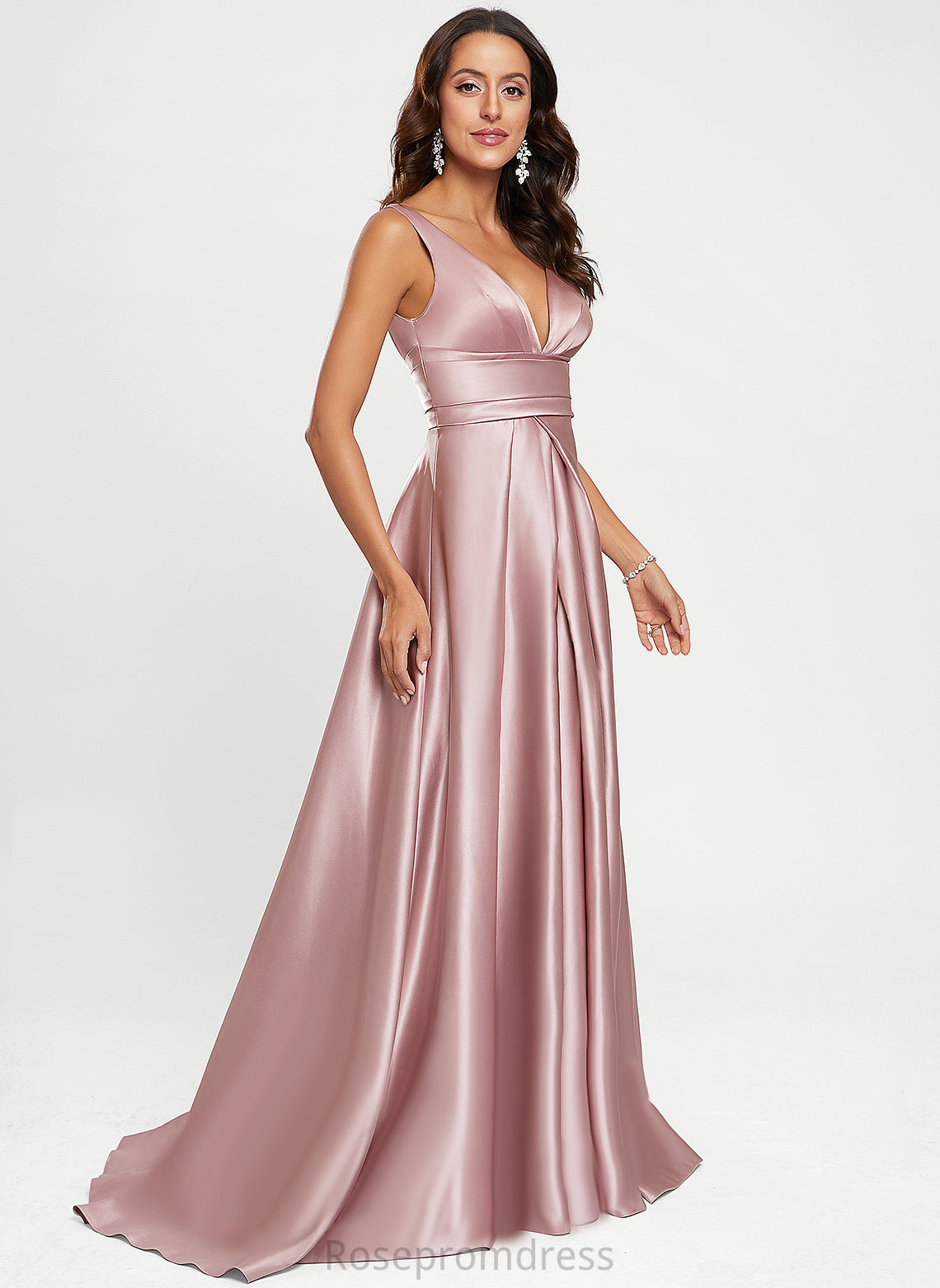 Sweep Prom Dresses Train V-neck A-Line Addisyn Satin