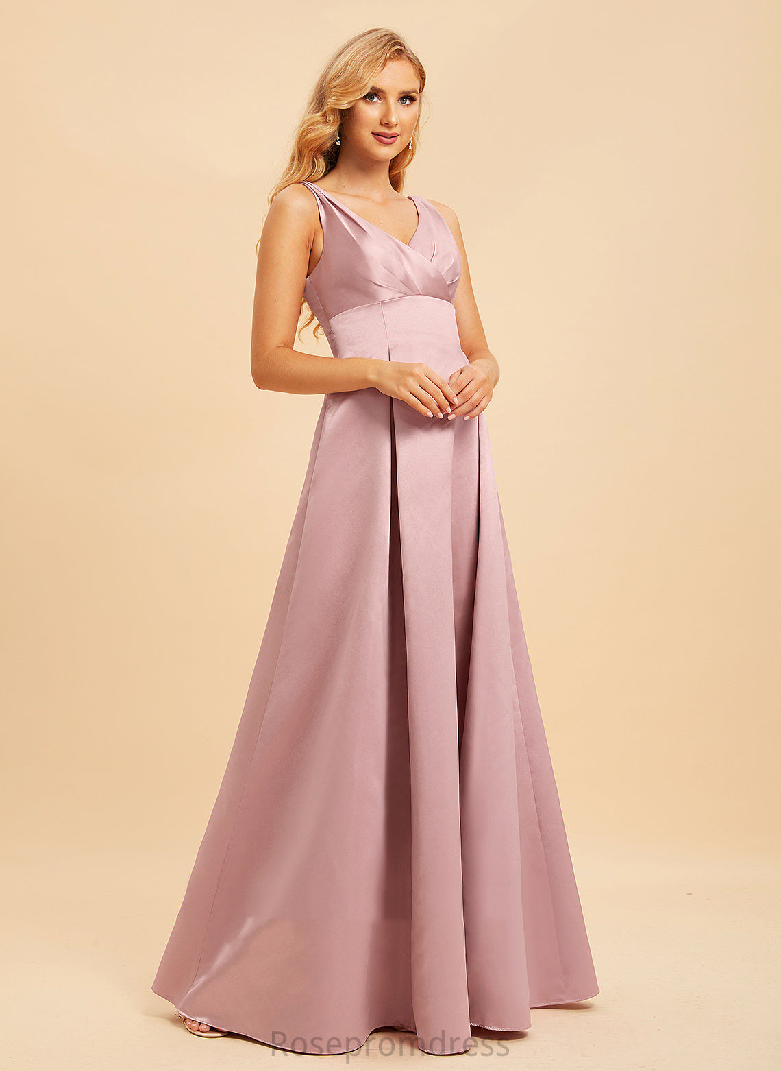 Floor-Length Silhouette A-Line V-neck Fabric Length Neckline Straps Satin Marin A-Line/Princess Natural Waist Bridesmaid Dresses