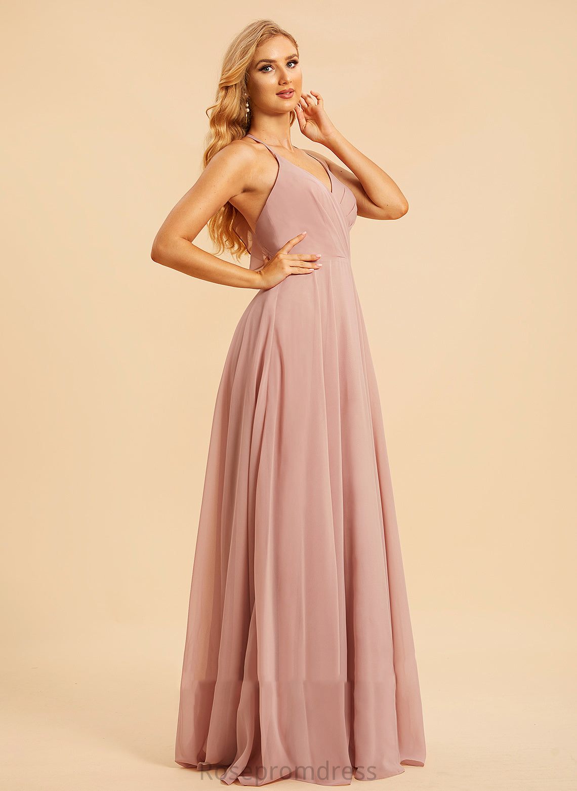 Embellishment Fabric Floor-Length Silhouette V-neck Length A-Line Neckline Ruffle Hailee Natural Waist A-Line/Princess Bridesmaid Dresses