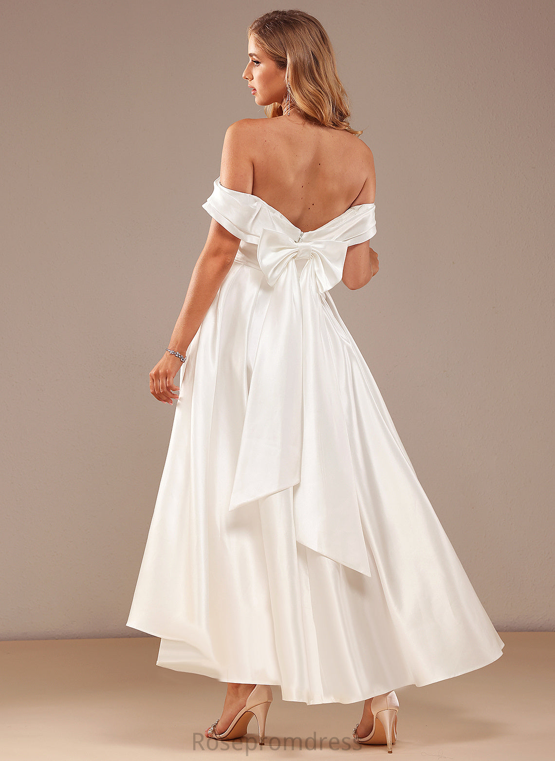 A-Line Dress Asymmetrical Pockets Wedding Satin With Wedding Dresses Noelle Off-the-Shoulder