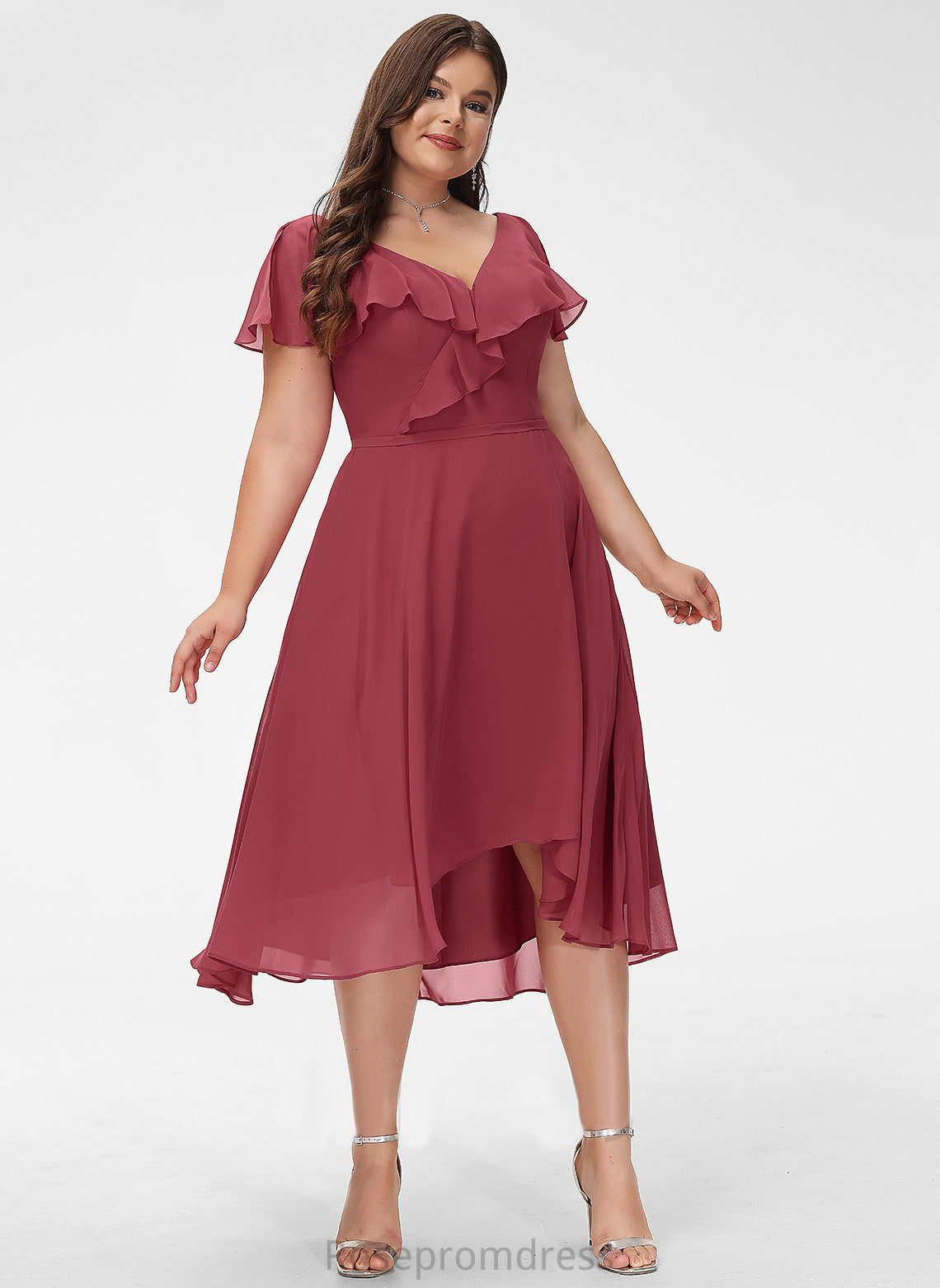 A-Line V-neck Neckline Embellishment Silhouette Asymmetrical Fabric Ruffle Length Alisha Natural Waist Scoop Bridesmaid Dresses