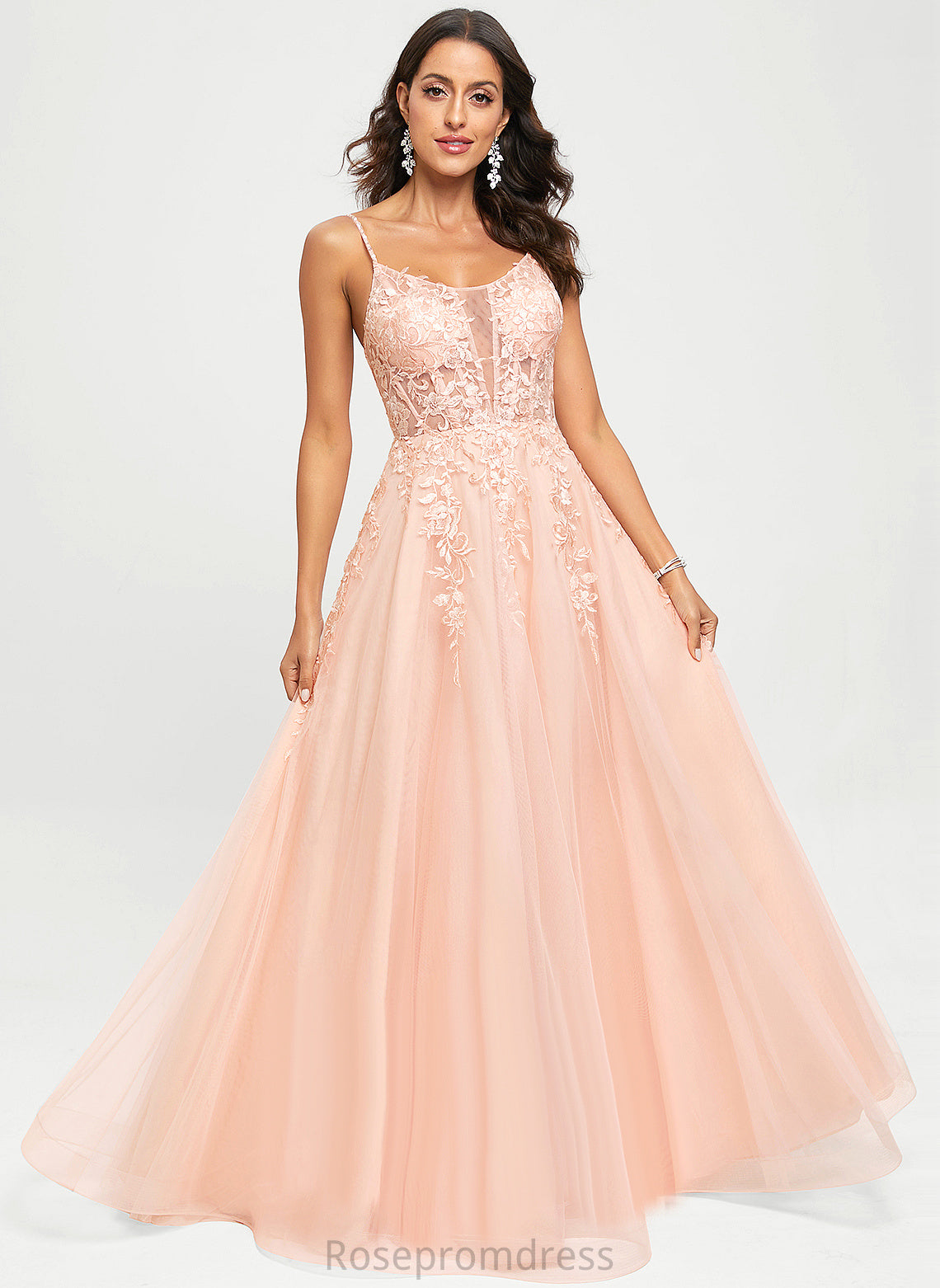 Lena With Scoop Floor-Length Prom Dresses Tulle A-Line Sequins Lace