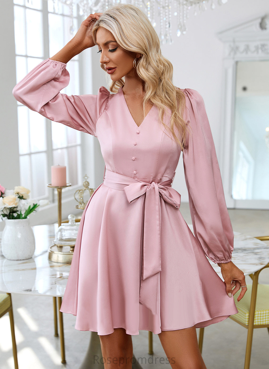 Sleeves Mckayla A-line Mini Satin Club Dresses V-Neck Dresses Elegant Long