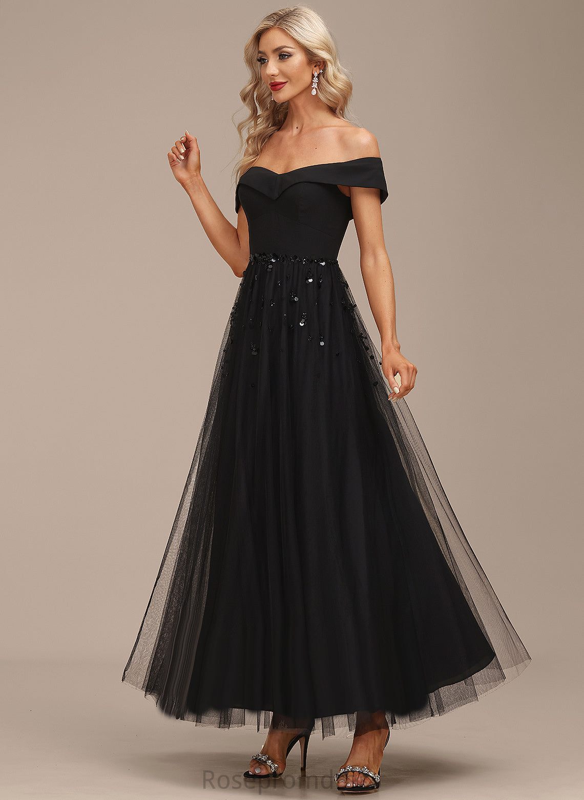 Miya Ankle-Length Dress A-Line Cocktail Cocktail Dresses Tulle With Off-the-Shoulder Sequins Chiffon Beading