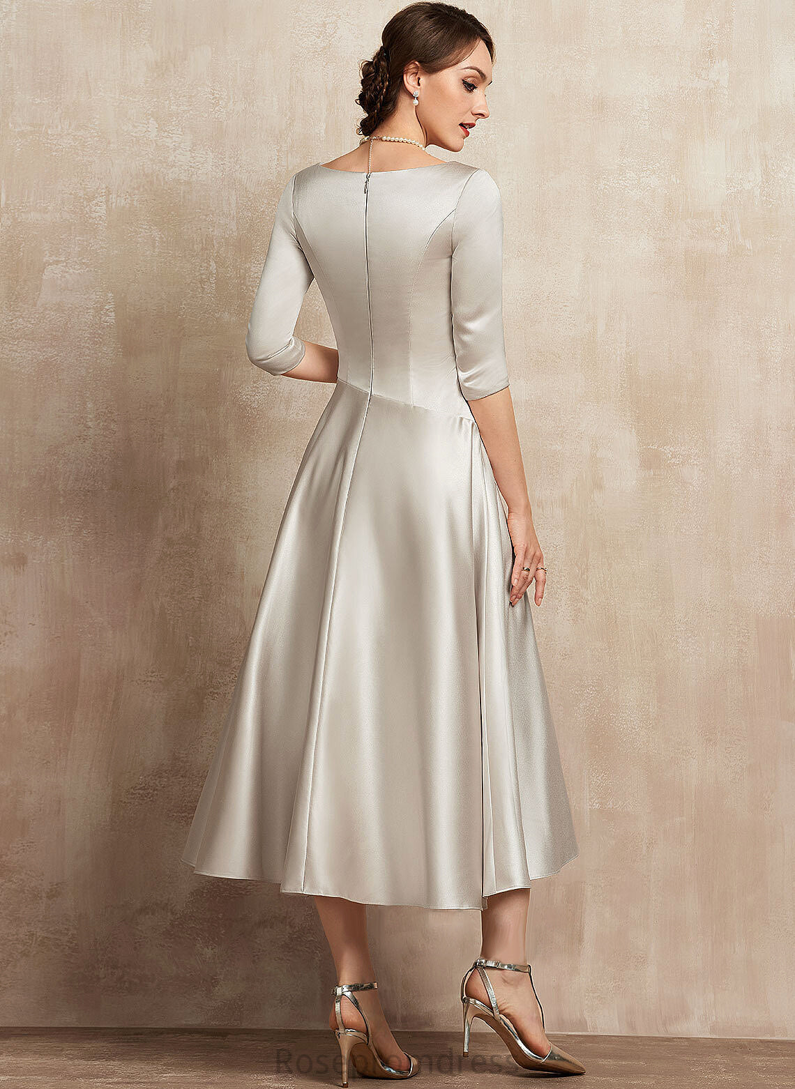 Satin Jocelyn Mother of the Bride Dresses V-neck Dress the Mother Bride Ruffle of A-Line Tea-Length With