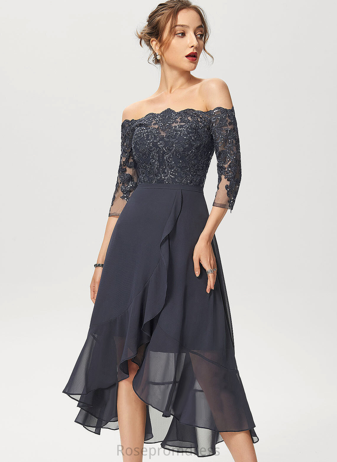 Chiffon Sequins Dress Off-the-Shoulder Asymmetrical A-Line Kaitlin With Lace Cocktail Dresses Cocktail