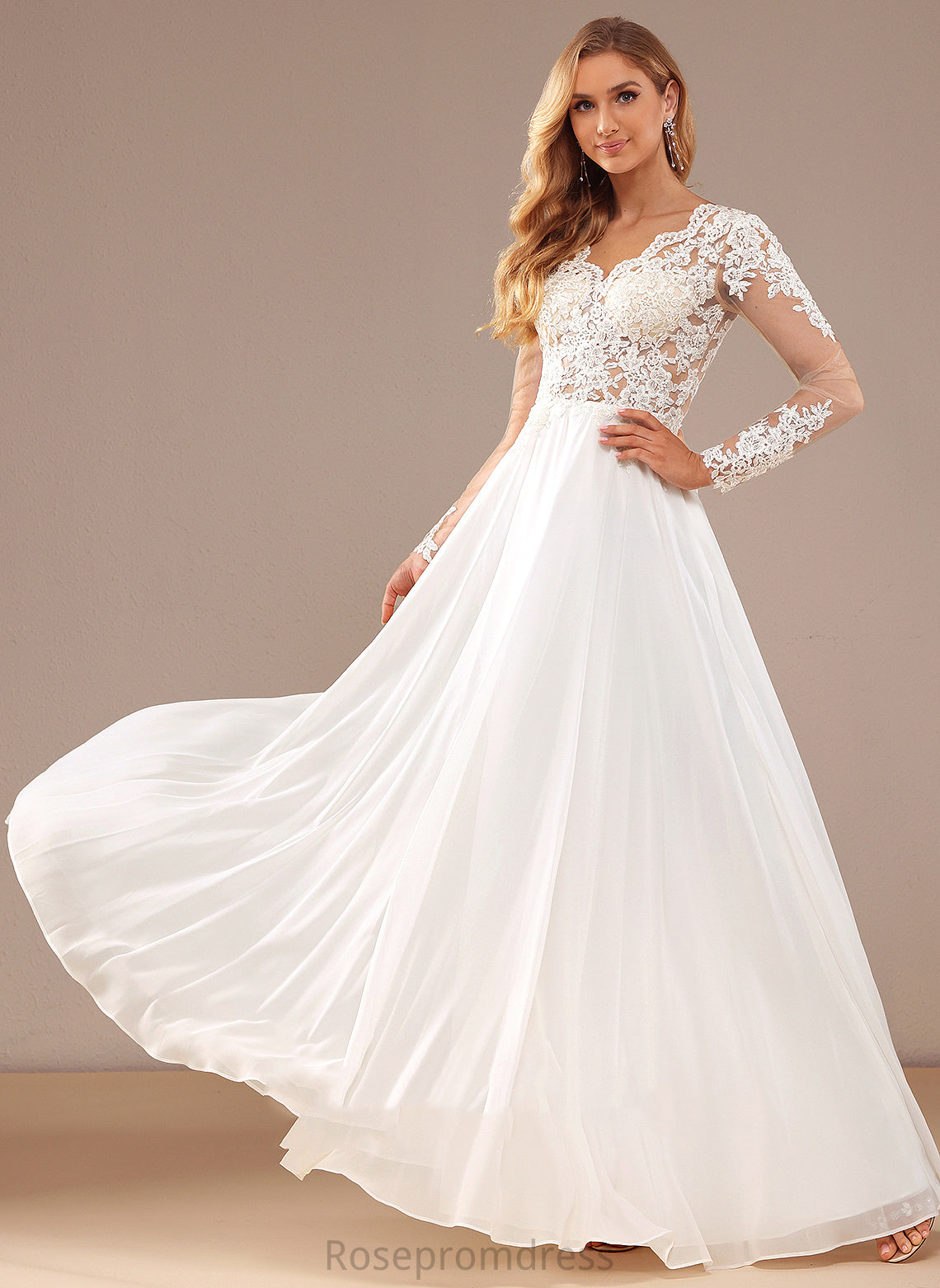 A-Line Wedding Dresses With Sequins Wedding V-neck Lace Lace Chiffon Floor-Length Dress Adrienne