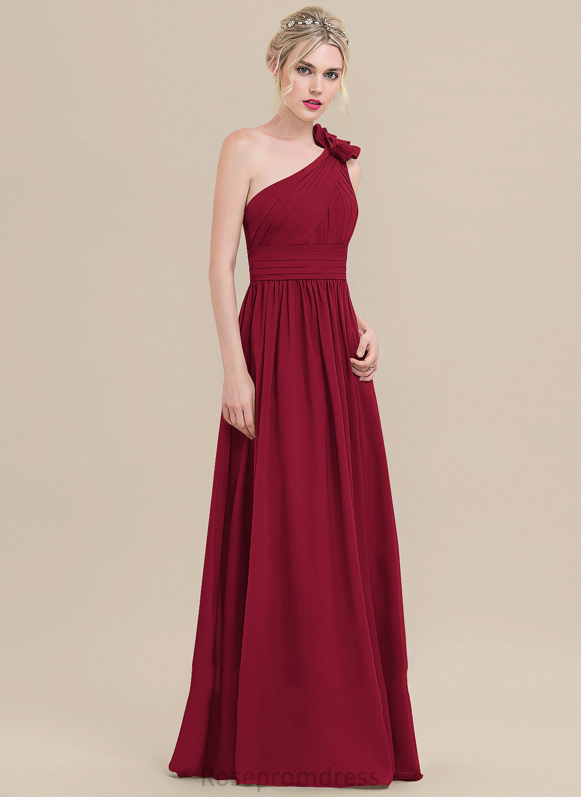 Flower(s) Silhouette Embellishment Fabric A-Line Neckline Length Pleated One-Shoulder Floor-Length Skyler Sleeveless Bridesmaid Dresses