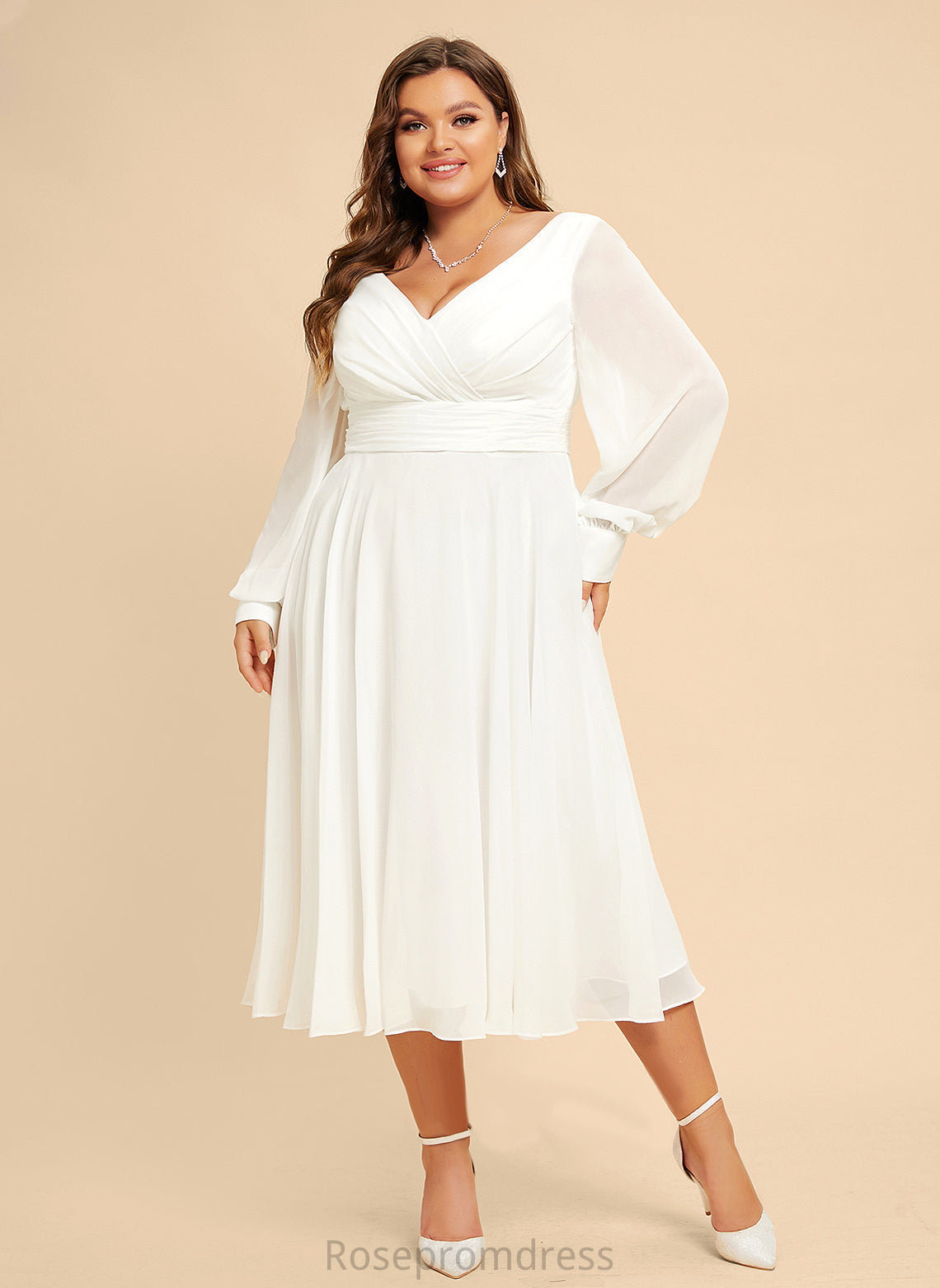 Tea-Length Kiley Wedding A-Line Chiffon Wedding Dresses V-neck Dress