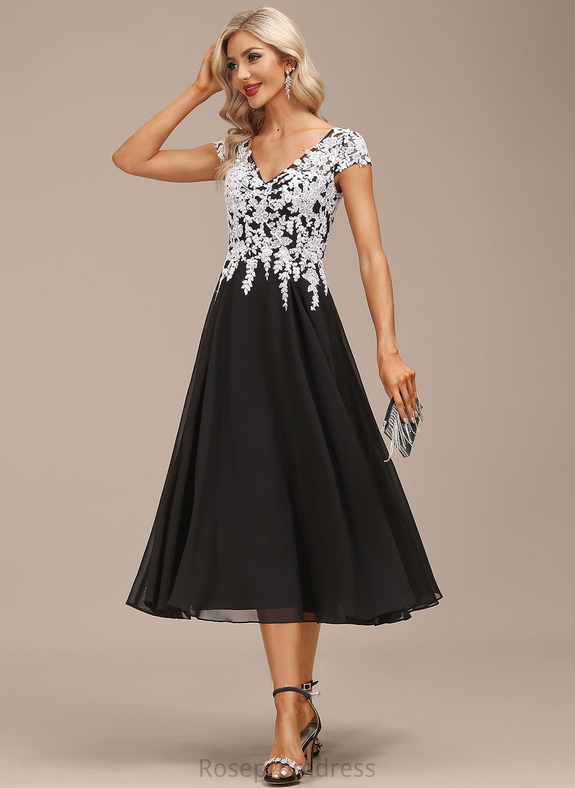 Dress Cocktail Dresses Tea-Length Chiffon A-Line V-neck Cocktail Susanna Lace