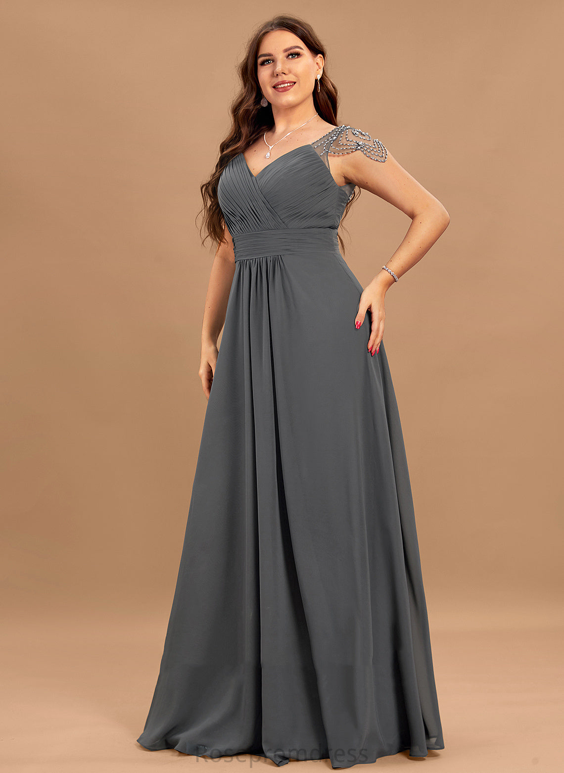 Pleated V-neck Fabric Floor-Length Sequins A-Line Beading Embellishment Length Neckline Silhouette Cassidy Bridesmaid Dresses