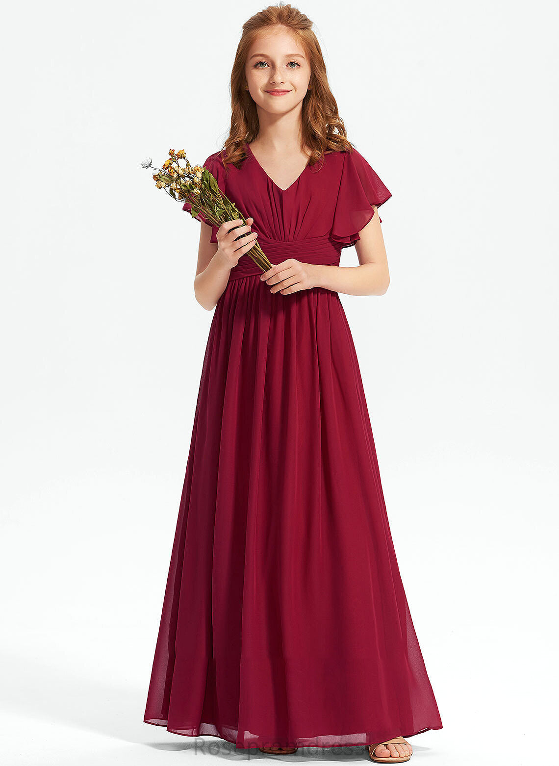 V-neck A-Line Ruffle Jayden Chiffon With Floor-Length Junior Bridesmaid Dresses