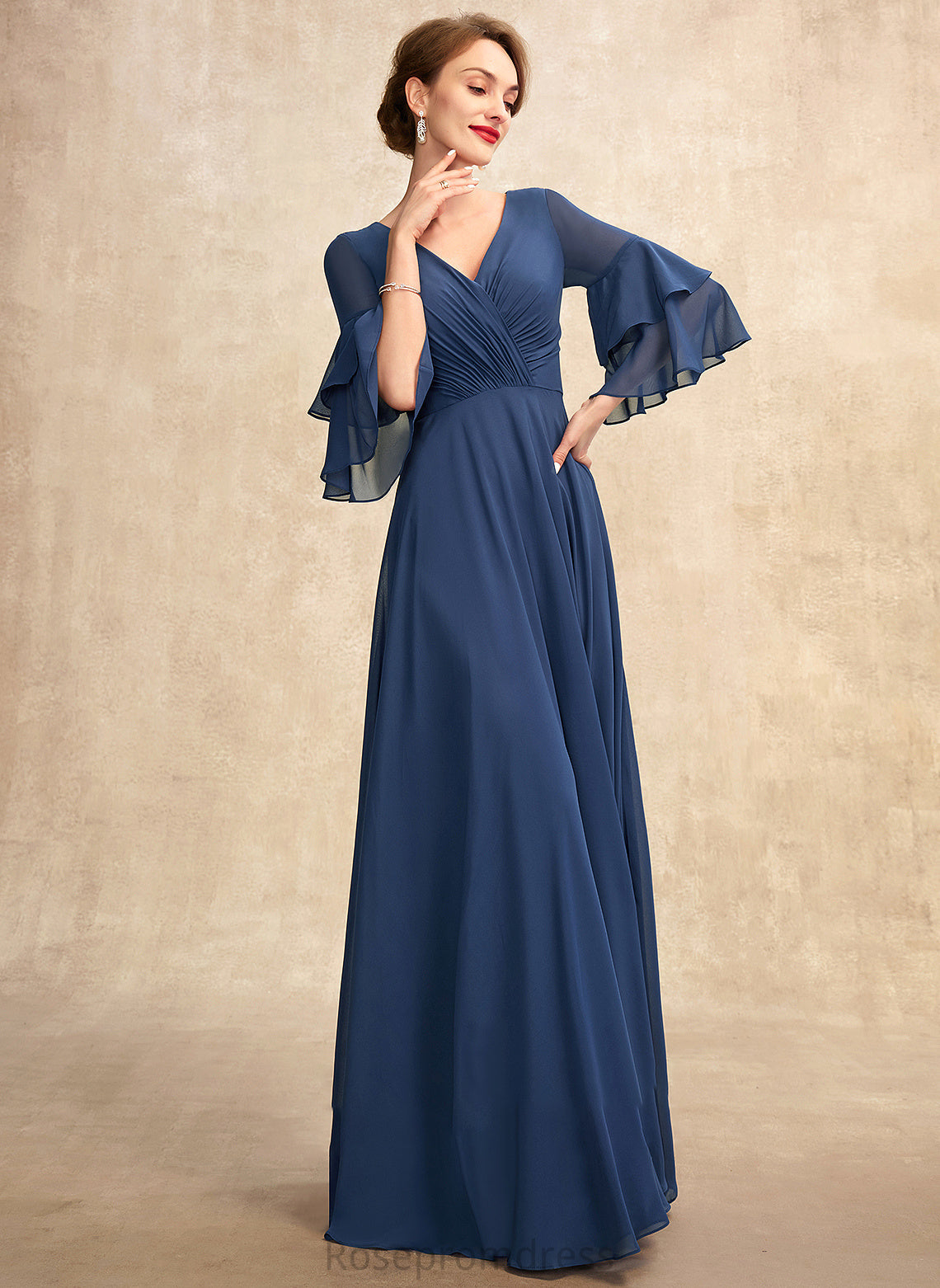 Chiffon Bride Mother of Floor-Length Dress V-neck the With Mother of the Bride Dresses A-Line Ruffles Micaela Cascading