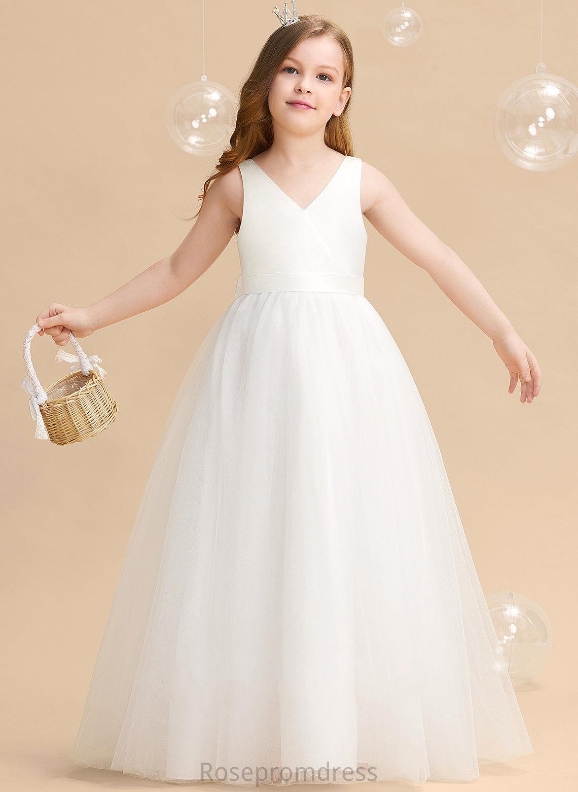 Destiney Sleeveless Ball-Gown/Princess Girl Flower V-neck Back - Floor-length Bow(s)/V Dress Tulle Flower Girl Dresses With