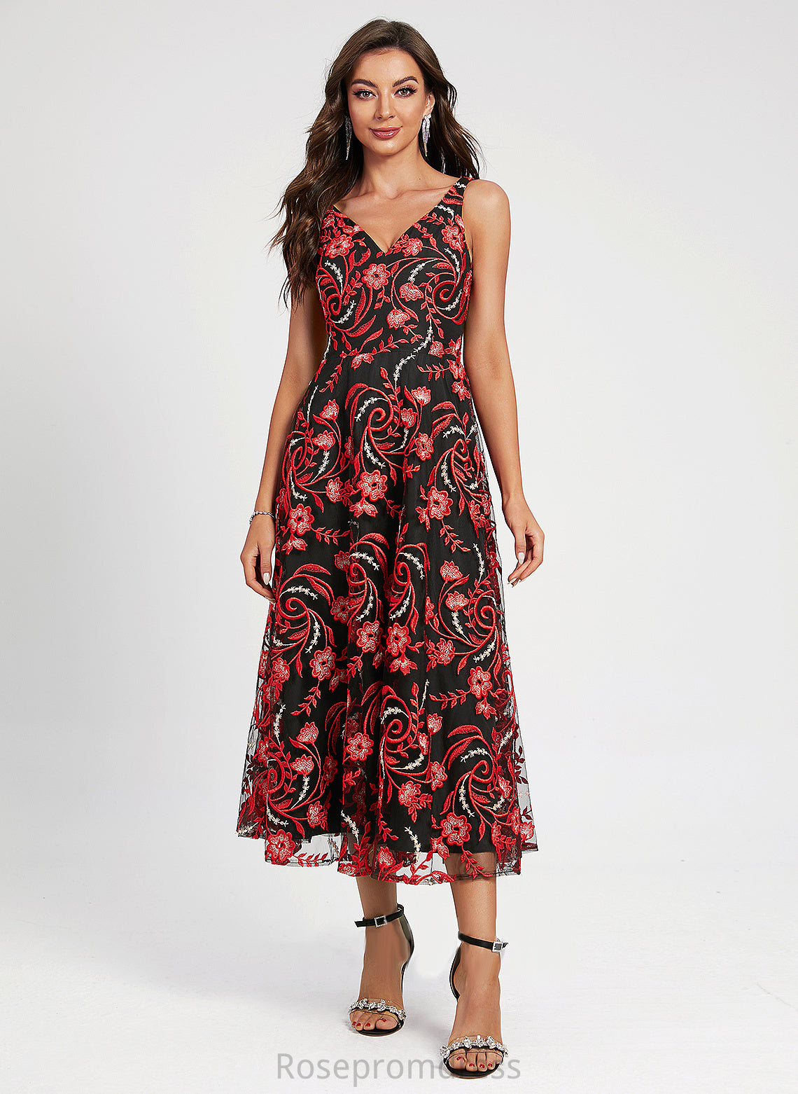 Lace Sahna Tea-Length Dress Cocktail Dresses Flower(s) V-neck A-Line Cocktail With Lace