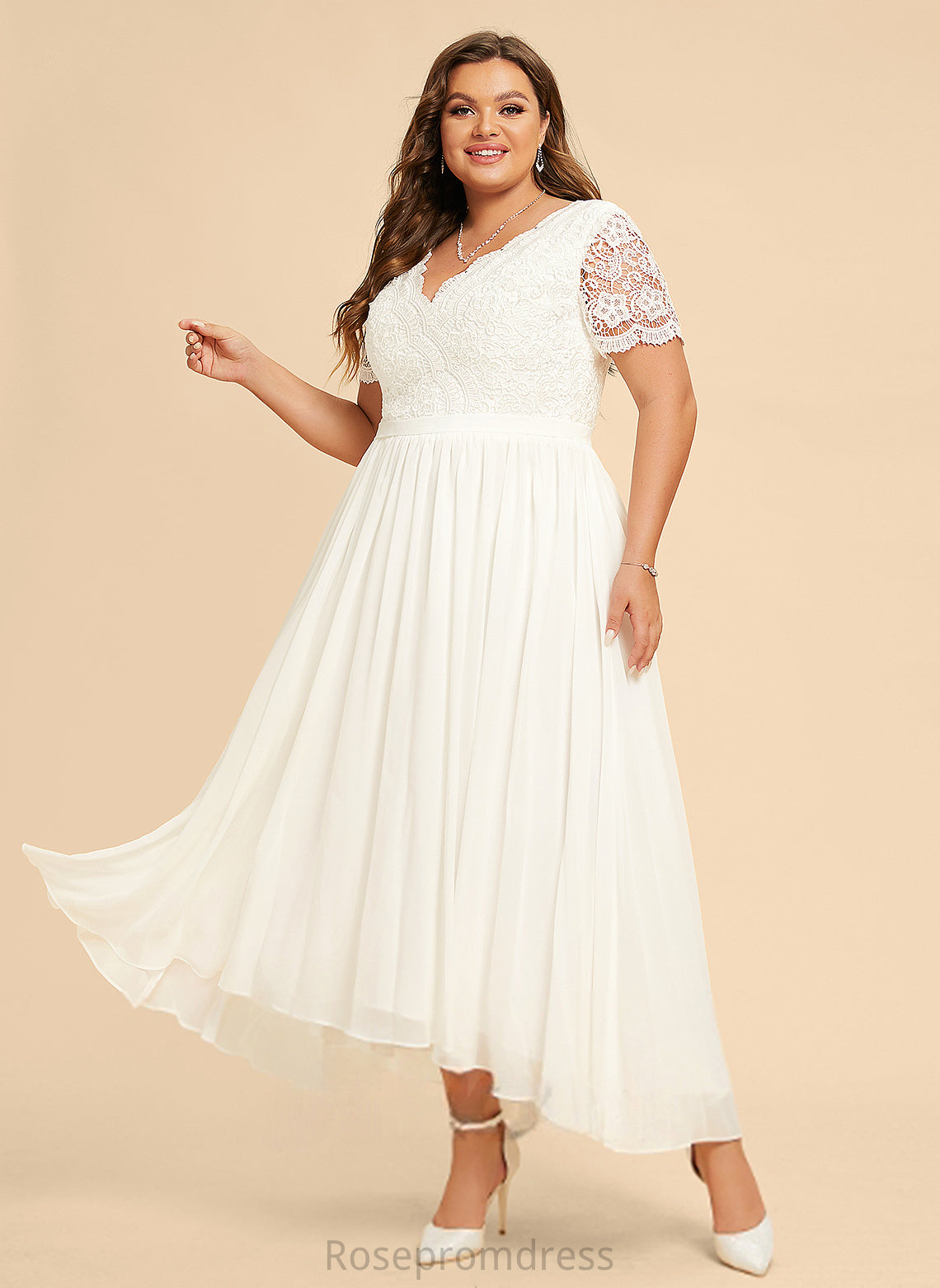 Wedding Dress Luz Lace A-Line Asymmetrical V-neck Chiffon Wedding Dresses