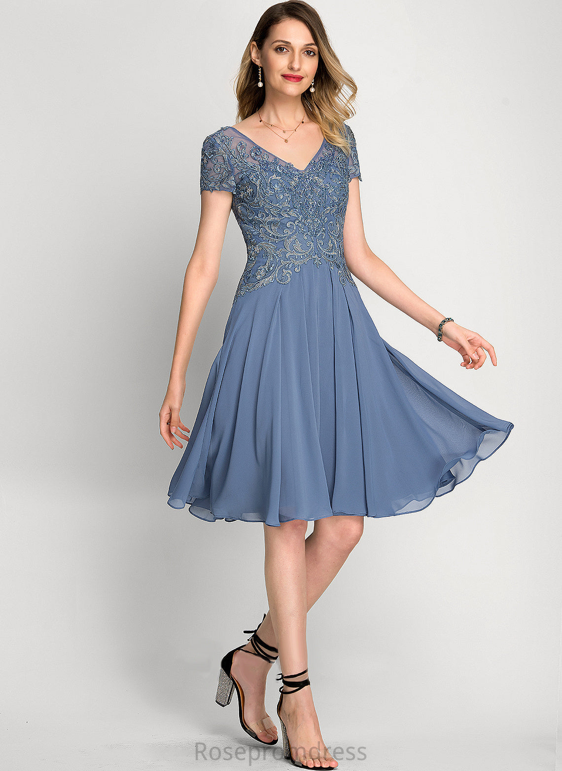 Cocktail Dress Cara A-Line V-neck Beading Knee-Length With Cocktail Dresses Lace Sequins Chiffon