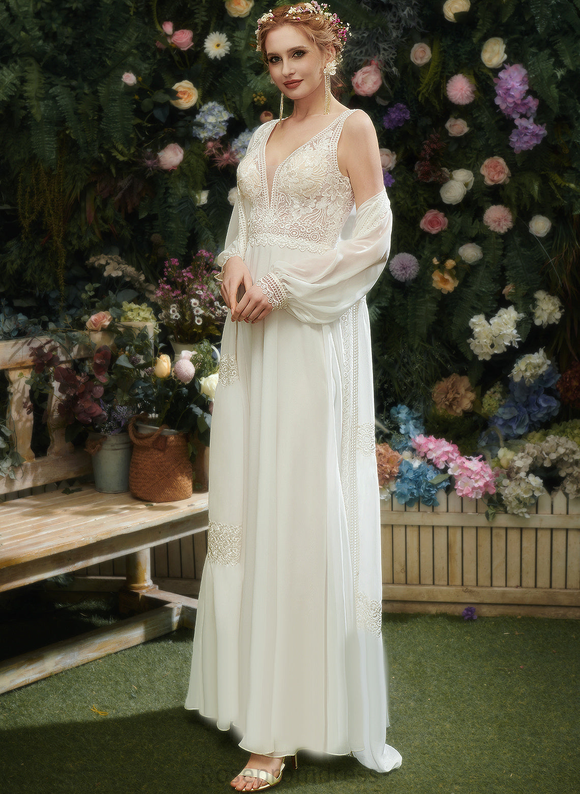 V-neck Wedding Dresses Sequins Chiffon A-Line Lace With Dress Haven Wedding Floor-Length