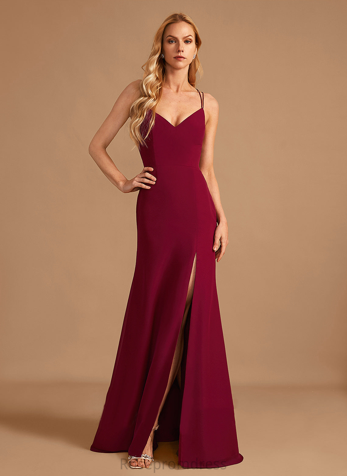 Neckline Floor-Length SplitFront V-neck Trumpet/Mermaid Embellishment Length Silhouette Fabric Adriana Natural Waist Off The Shoulder Bridesmaid Dresses