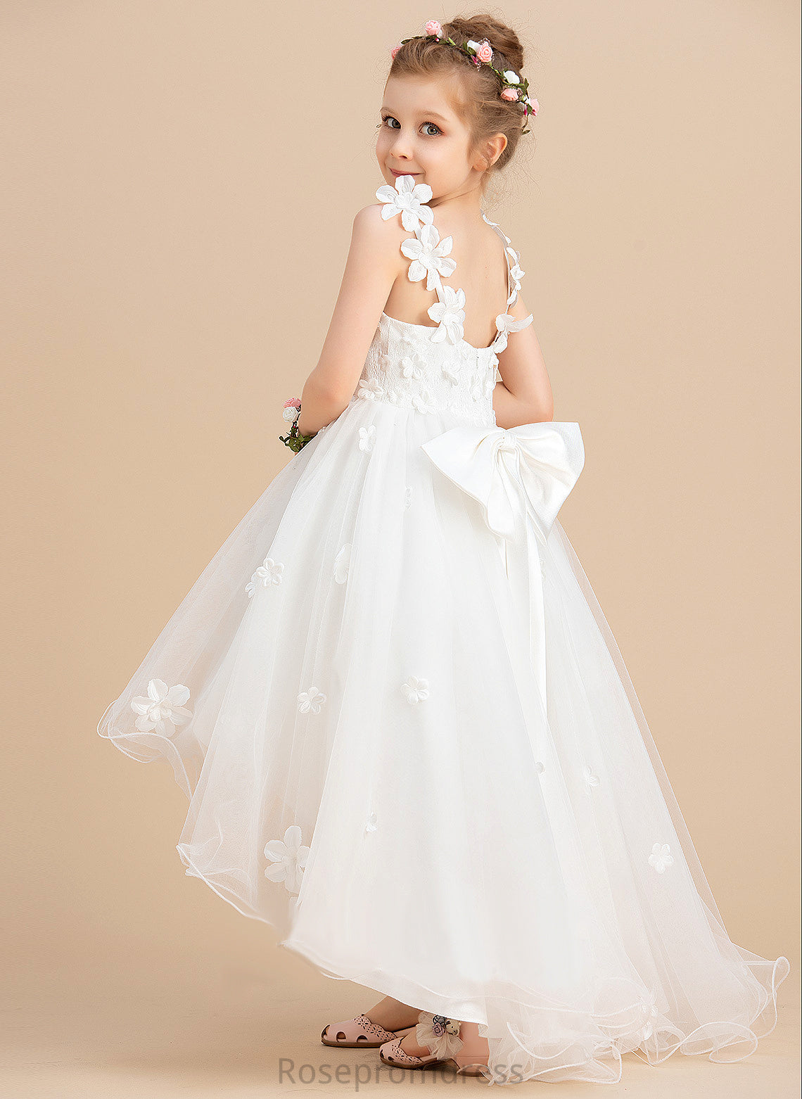 Flower Beading/Flower(s)/Bow(s) Dress Flower Girl Dresses Tulle - With Sleeveless Ball-Gown/Princess V-neck Kate Asymmetrical Girl