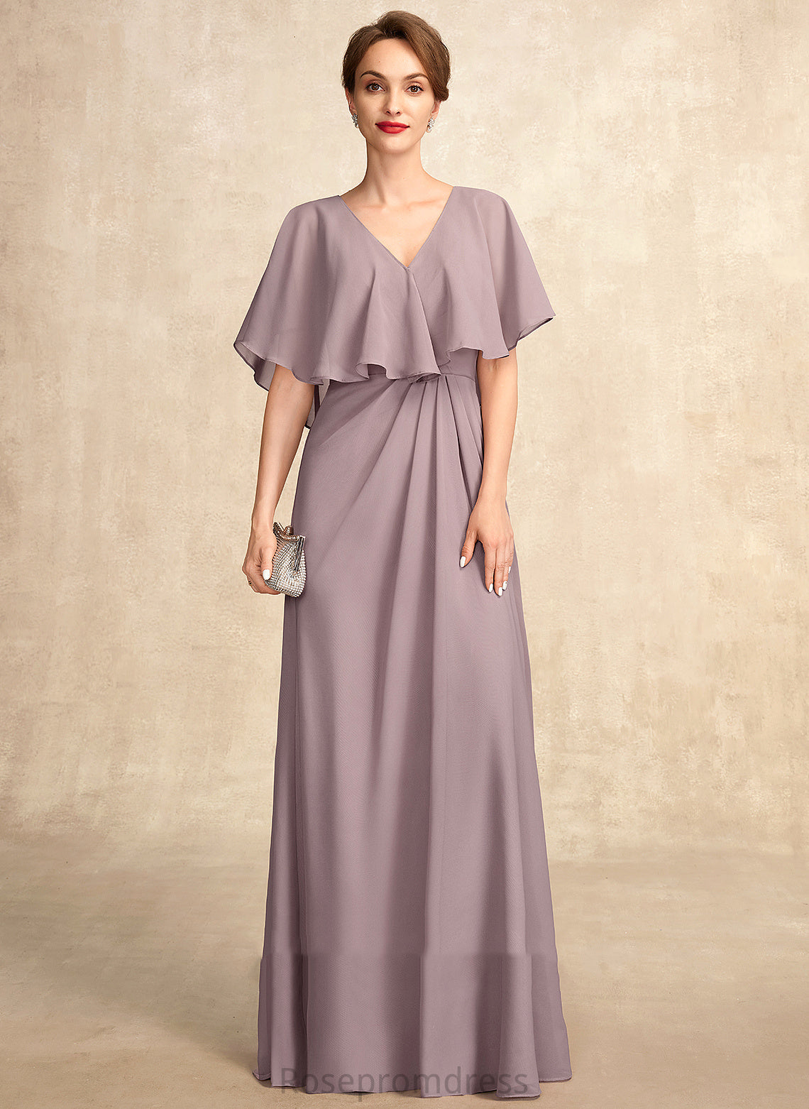 of A-Line Dress the With Chiffon Mother of the Bride Dresses Floor-Length Mother Bride Rose Ruffle V-neck