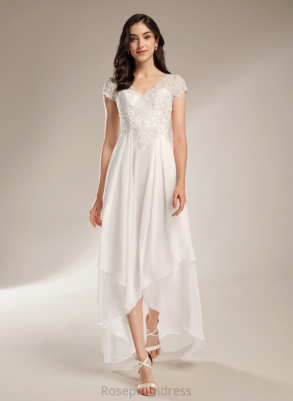 V-neck Chiffon Asymmetrical Wedding Dresses Claudia A-Line Wedding Lace Dress