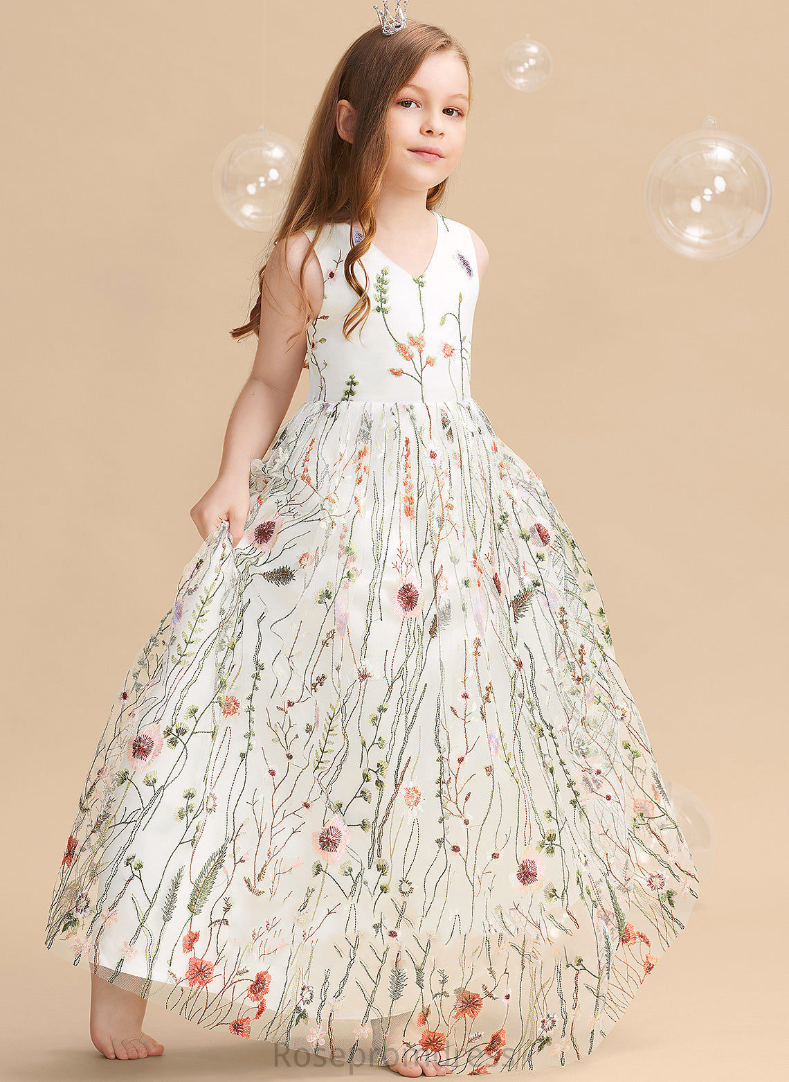 Flower Girl Dresses A-Line Girl Floor-length With Daisy Flower(s)/Bow(s) Sleeveless Dress V-neck Flower - Jacquard