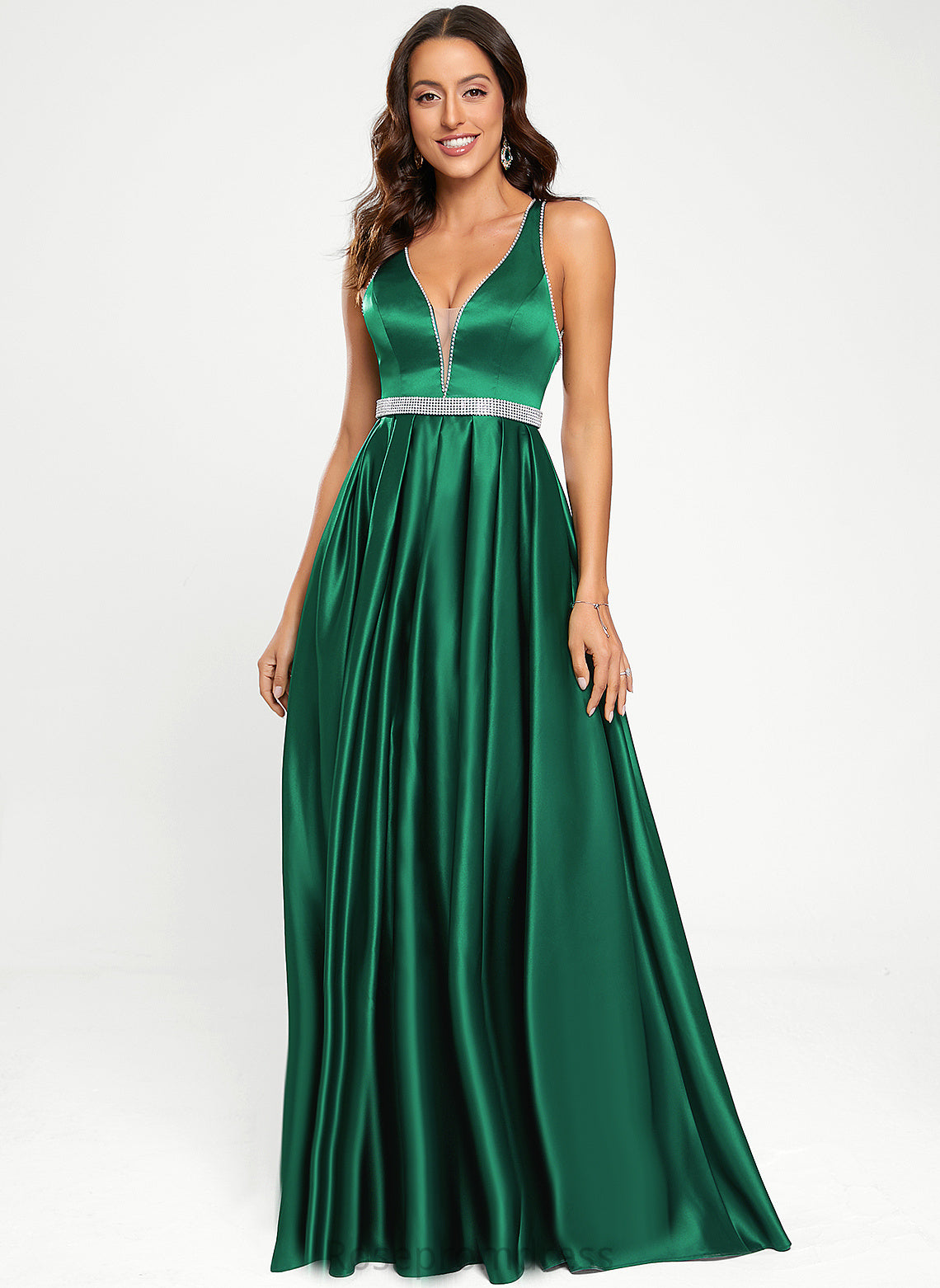 A-Line Gabrielle Prom Dresses V-neck With Beading Floor-Length Satin