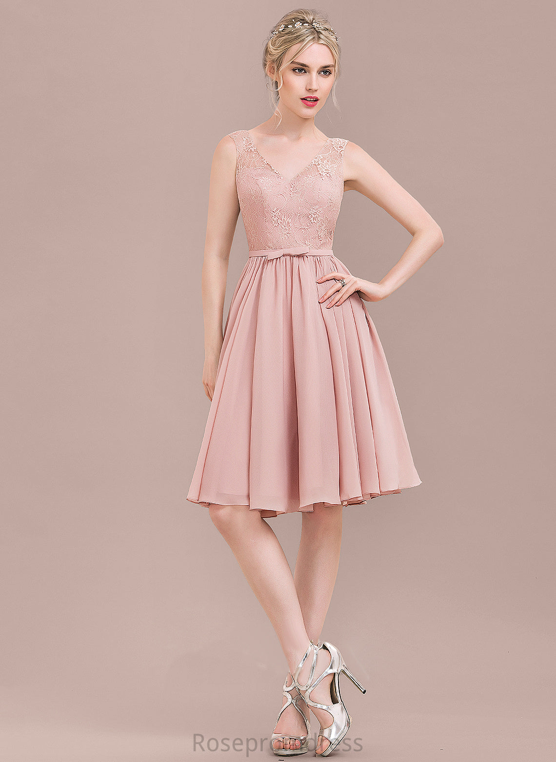 Chiffon Lace Knee-Length With Bow(s) Homecoming V-neck Dress Lace Homecoming Dresses Dulce A-Line