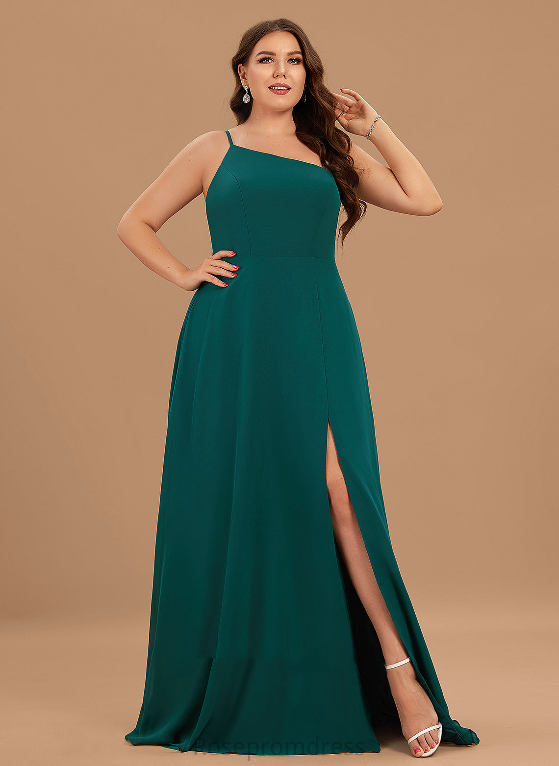 Neckline SplitFront Embellishment One-Shoulder Length A-Line Fabric Silhouette Floor-Length Pockets Amina Bridesmaid Dresses