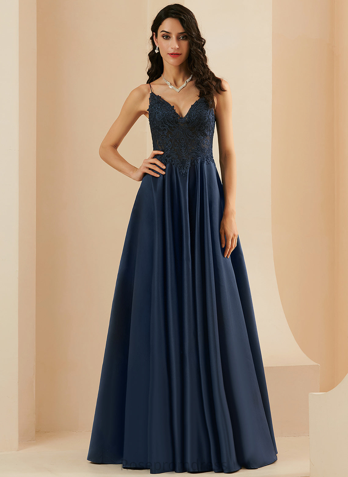 V-neck A-Line Prom Dresses Melina Lace Floor-Length