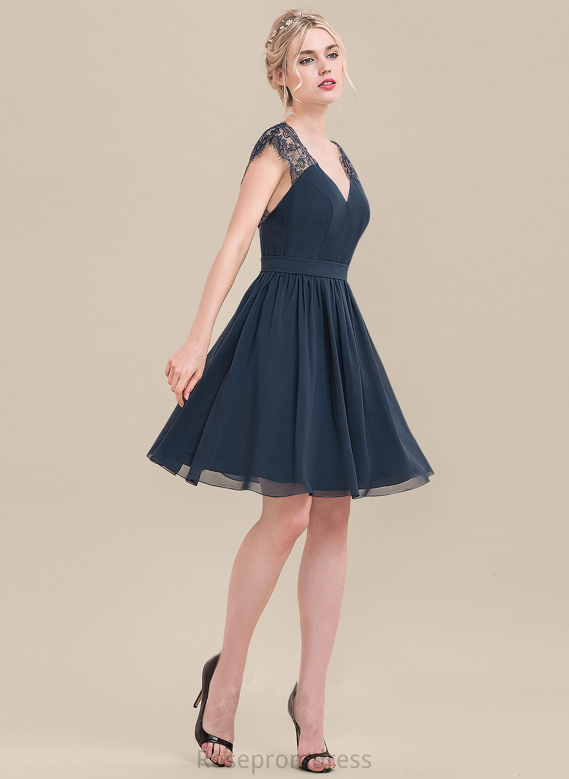 Lace V-neck Dress Knee-Length Cocktail Dresses A-Line Chiffon Alissa Cocktail