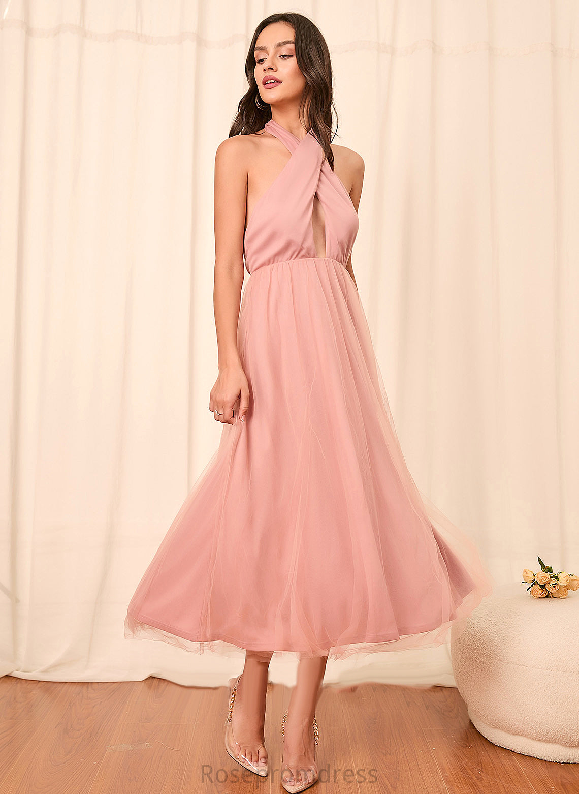 Jaslyn Tulle Sleeveless Sexy Midi A-line Dresses Club Dresses Halter