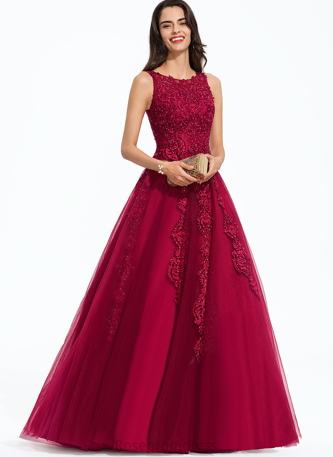 Prom Dresses Sweep Ball-Gown/Princess Scoop Beading Tulle Train Lace Caroline With