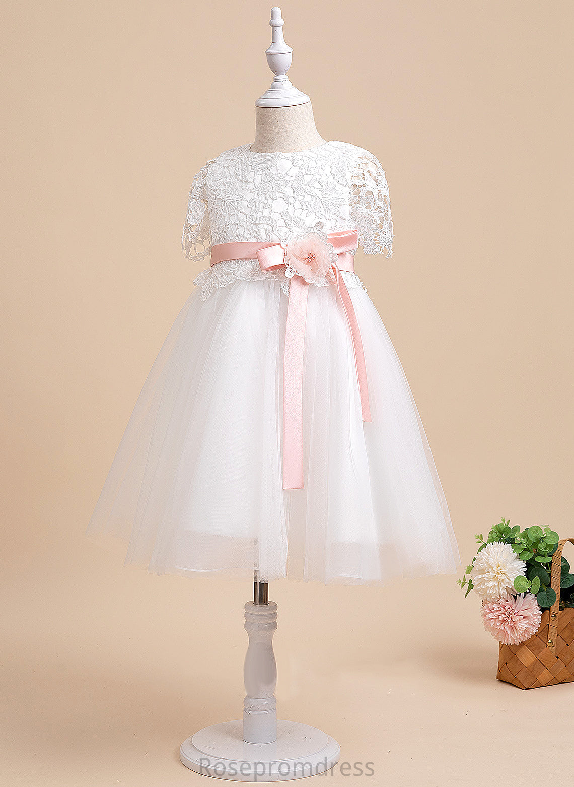 With Flower Tulle/Lace A-Line Sash/Flower(s) Dress Neck Knee-length Short Girl - Flower Girl Dresses Scoop Kallie Sleeves