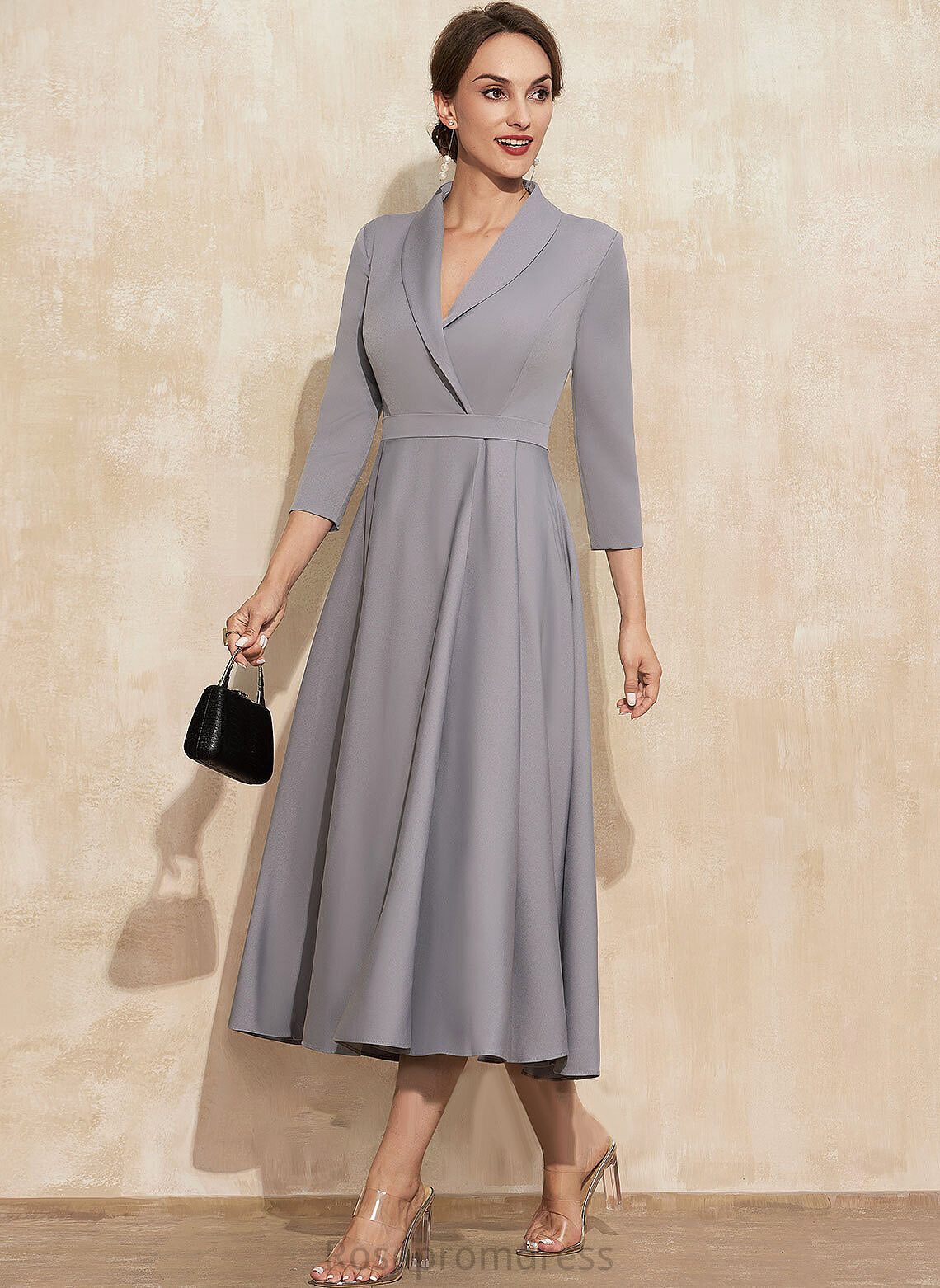 Amirah A-Line Mother of the Bride Dresses of Stretch Tea-Length Crepe the Bride V-neck Mother Dress