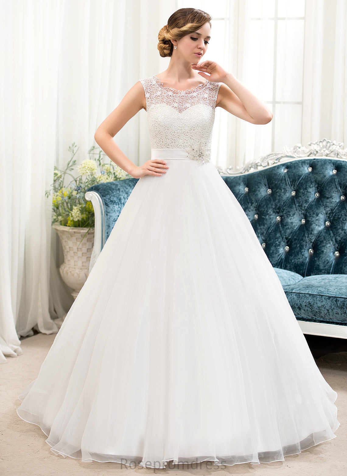 Ball-Gown/Princess Wedding Dresses Beading Sweep Dress Organza With Arielle Lace Wedding Train Satin Sequins