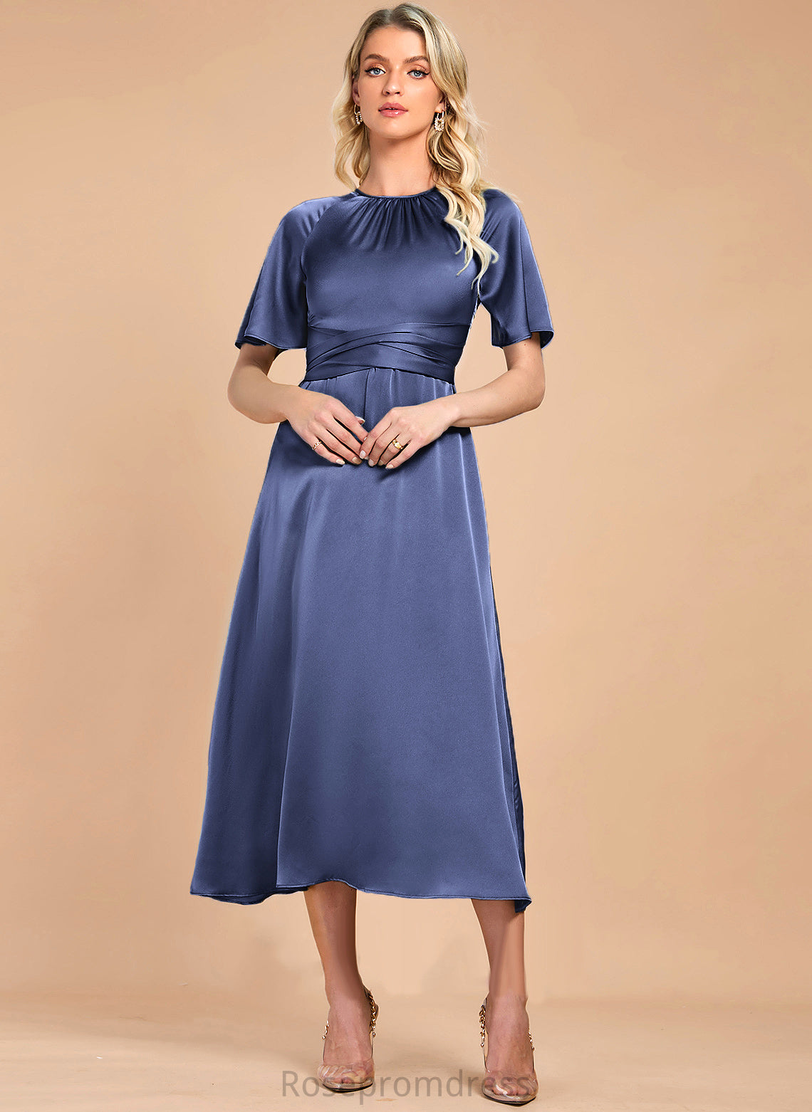 Sleeves Round Elegant Neck Luna A-line Midi Short Club Dresses Satin Dresses