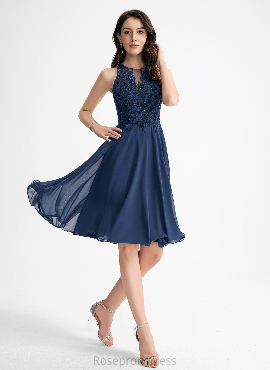 Brooklynn Dress A-Line Lace Beading Scoop Chiffon Cocktail Dresses Knee-Length With Lace Neck Cocktail