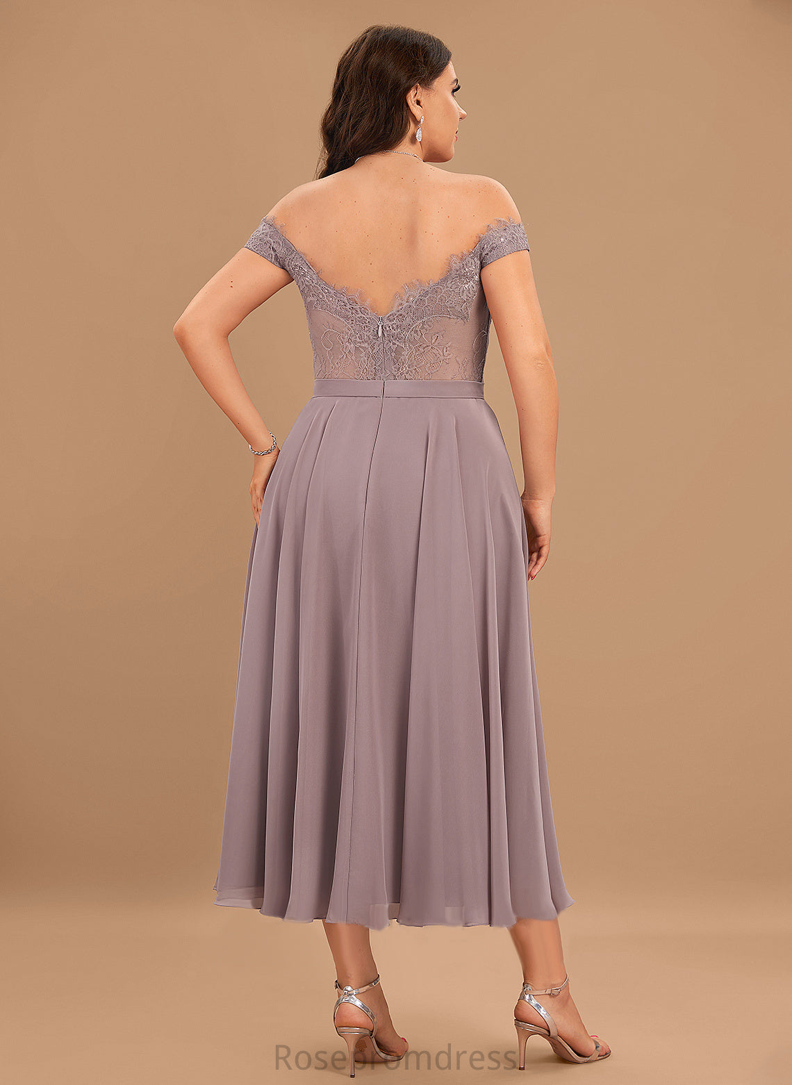 Off-the-Shoulder Embellishment Beading Length Silhouette A-Line Fabric Tea-Length Neckline Nataly Natural Waist Scoop Bridesmaid Dresses