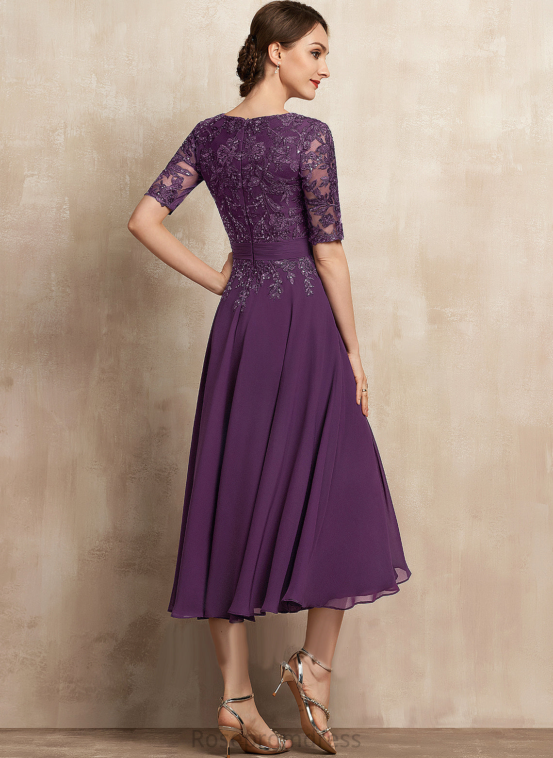 Lace Sequins Mattie Dress Cocktail V-neck Cocktail Dresses Chiffon A-Line Tea-Length With