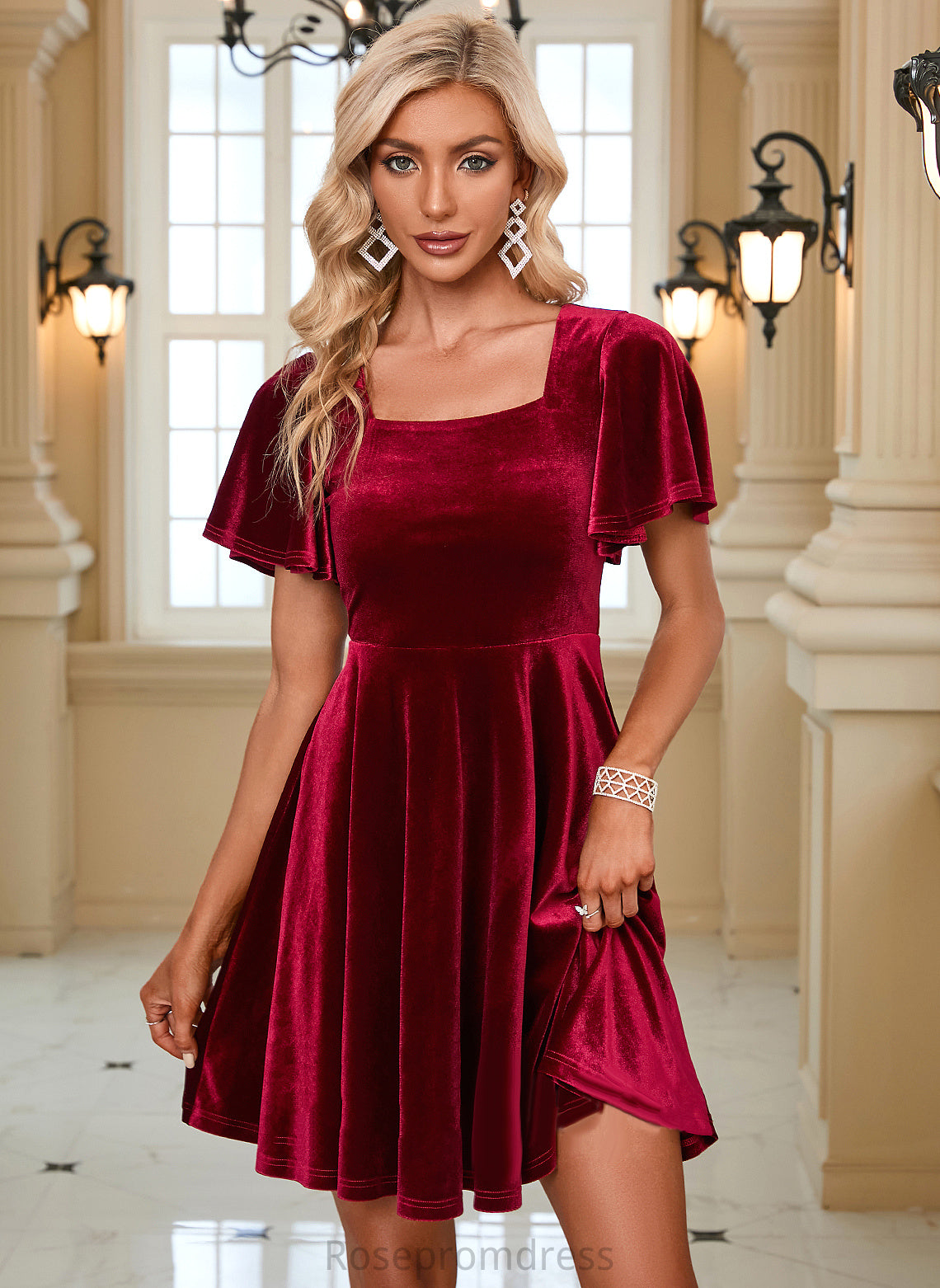 Velvet Mini Sleeves Short A-line Elegant Dresses Selah Club Dresses Neck Square