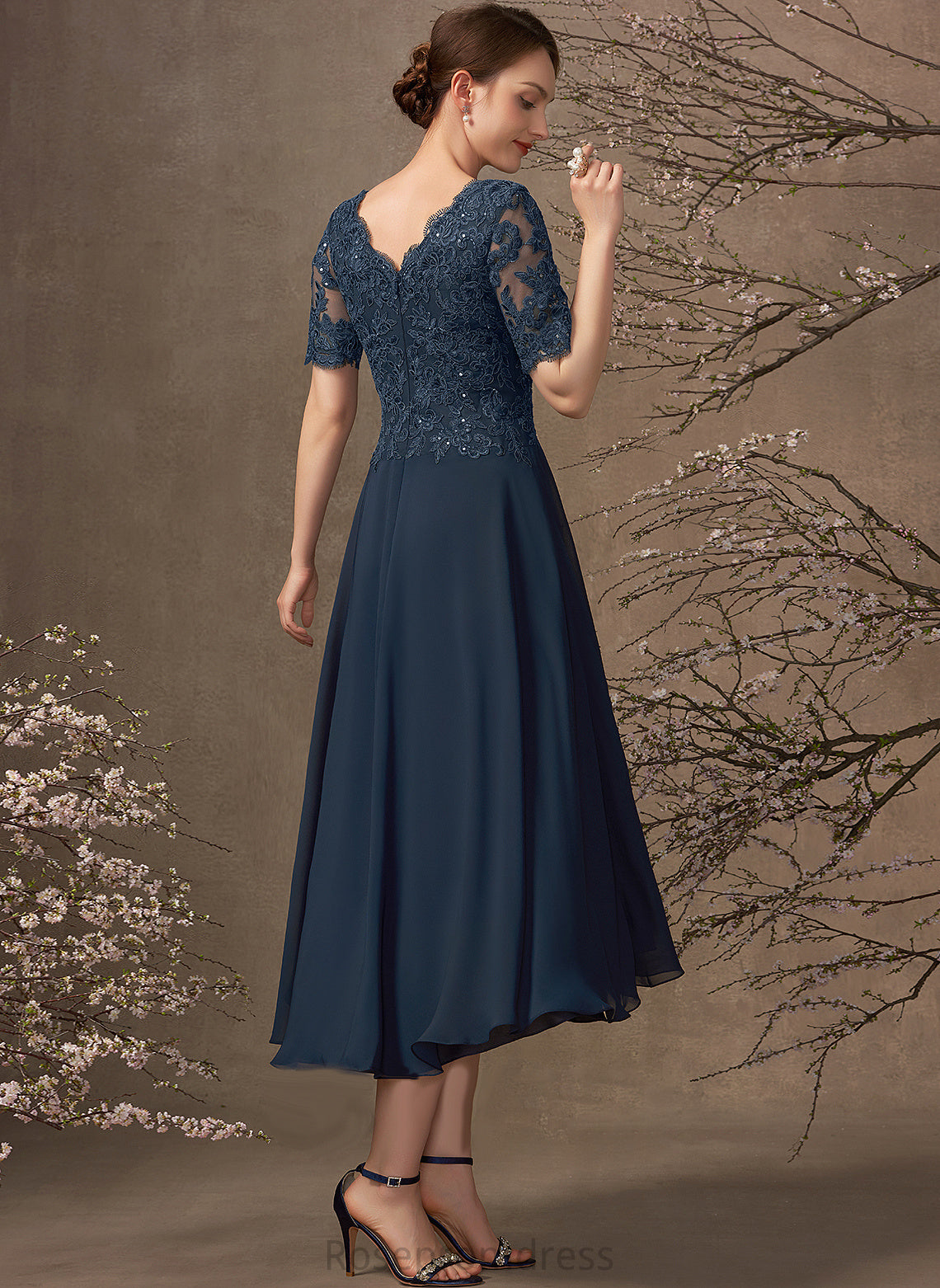 the Sequins Chiffon Bride Lace A-Line Mother With of Dress Asymmetrical V-neck Elle Mother of the Bride Dresses