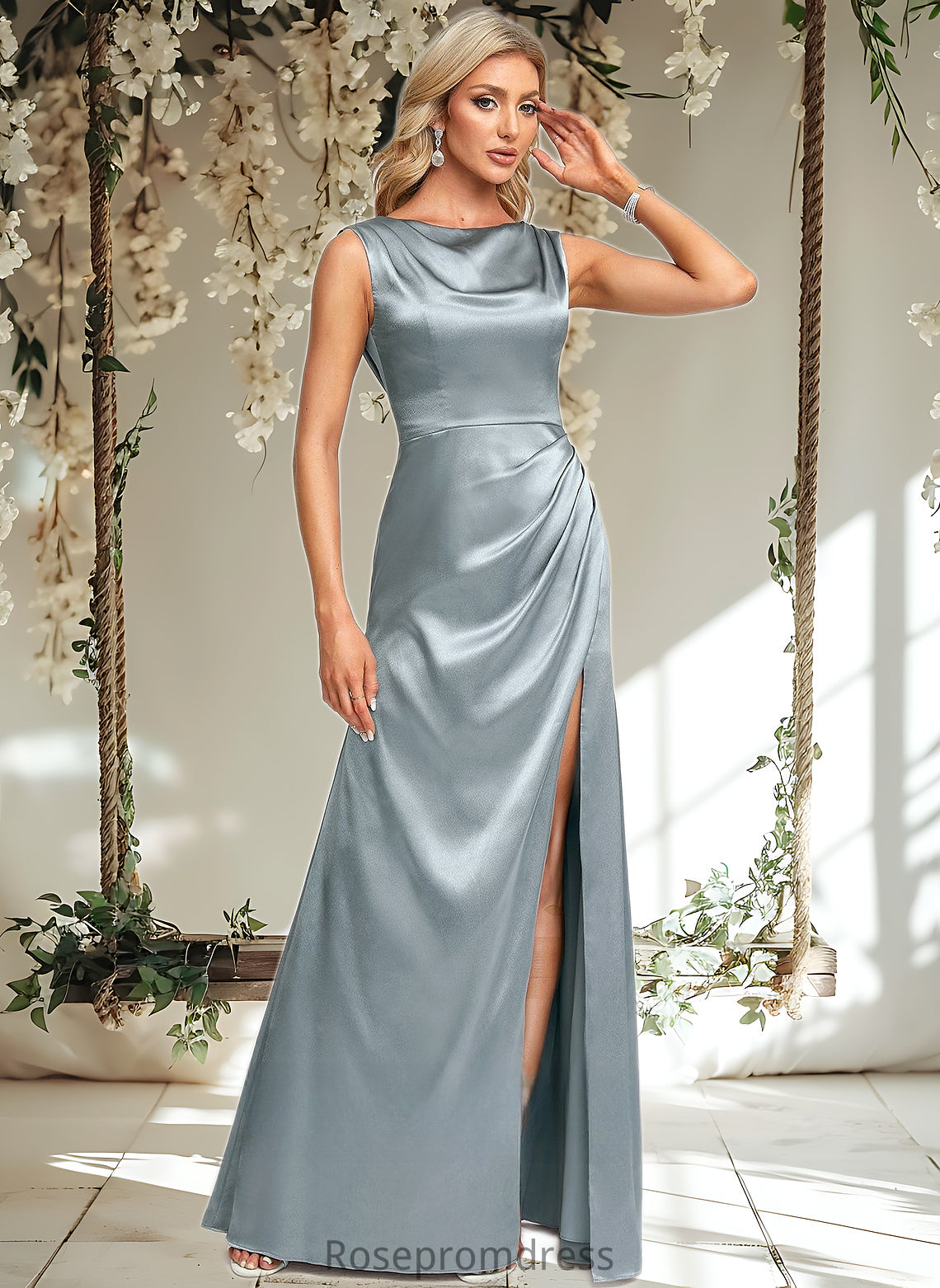 Alisa A-line Scoop Cowl Floor-Length Stretch Satin Prom Dresses DSP0025878