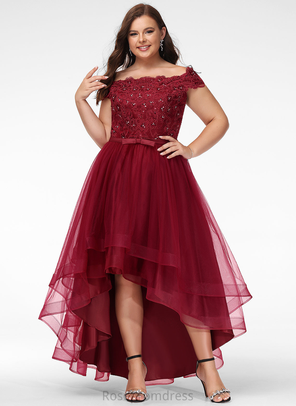 Dress Tulle Asymmetrical Off-the-Shoulder Sequins A-Line Rosa Lace Beading Bow(s) With Wedding Wedding Dresses