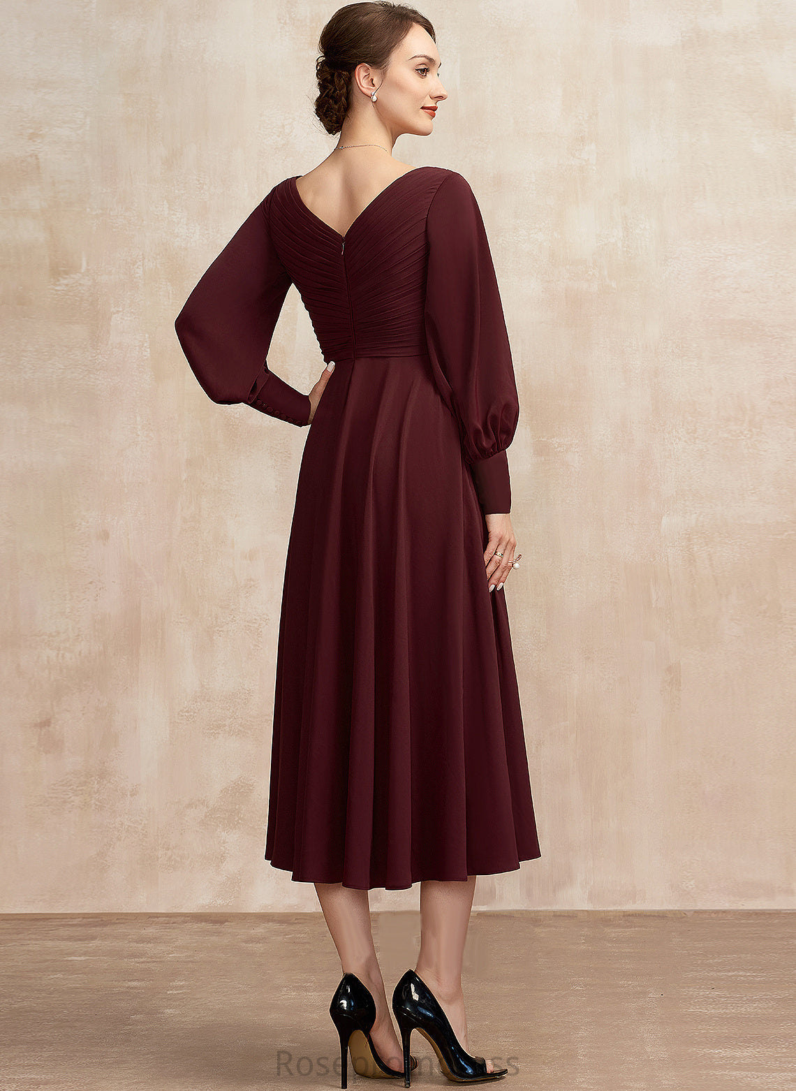 Dress Tea-Length A-Line Mother of the Bride Dresses Mother Ruffle With Elise V-neck the Bride of