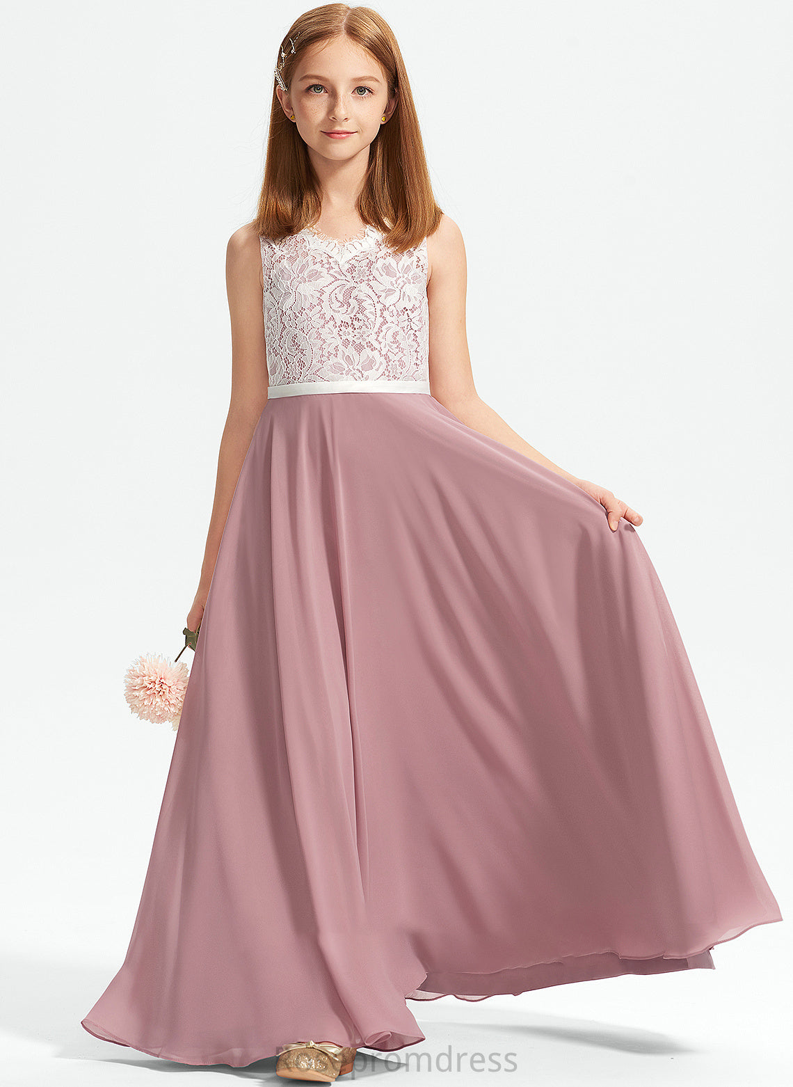 Junior Bridesmaid Dresses Thalia Floor-Length V-neck A-Line Lace Chiffon